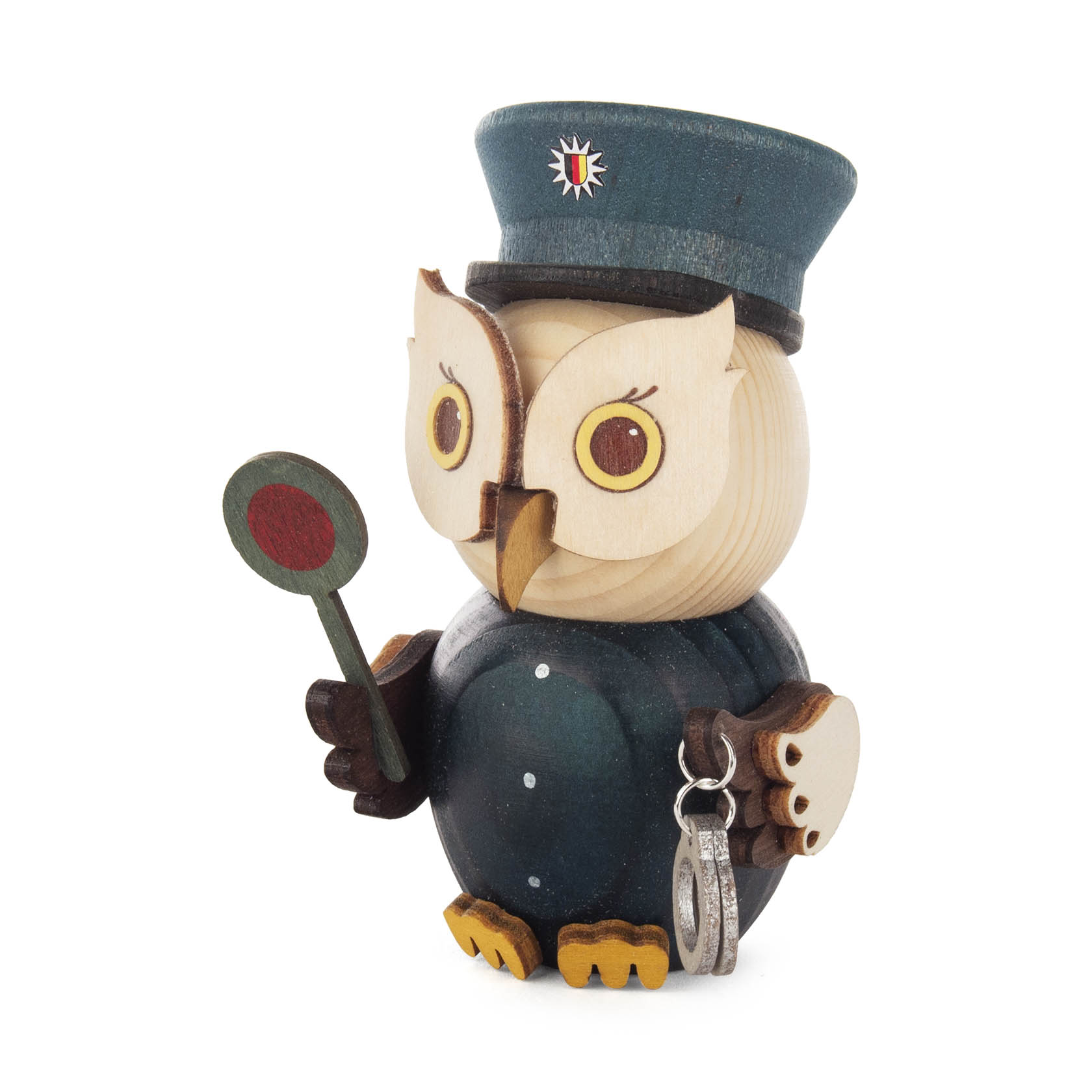 A wooden figurine of a mini owl dressed as a police officer, wearing a green police hat and uniform, holding a small sign in one wing. im Dregeno Online Shop günstig kaufen