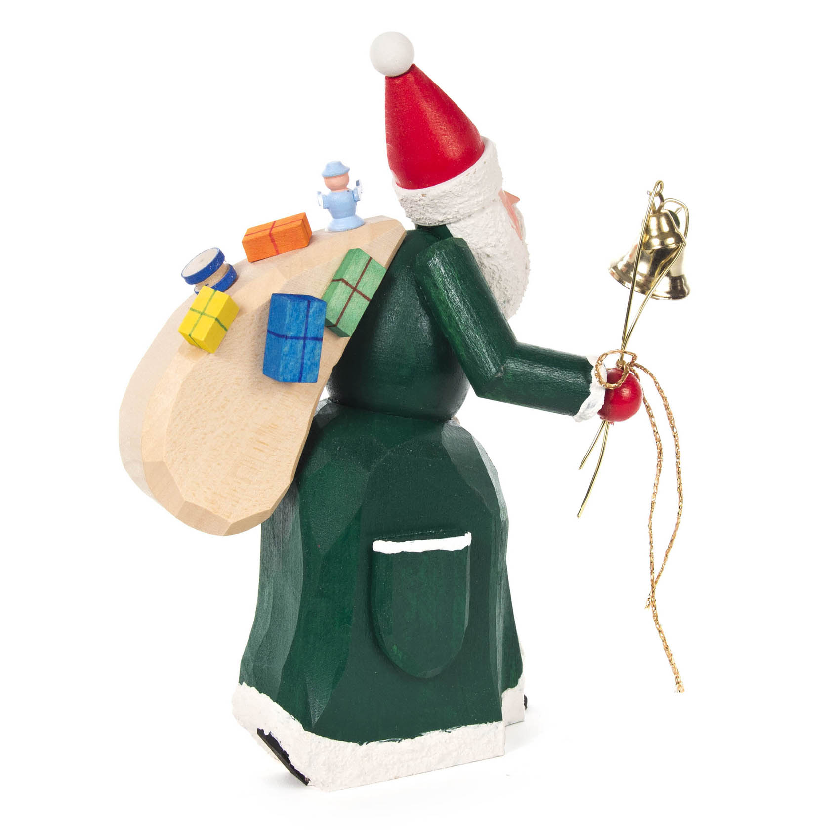 A green-clad Santa figurine carrying a sack of colorful presents and holding a bell in his right hand.