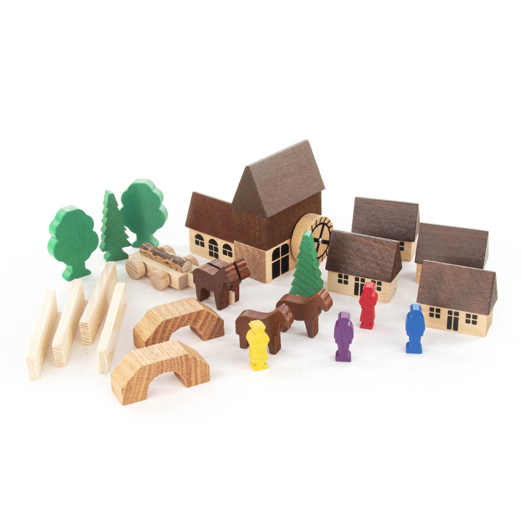 A wooden toy village set consisting of a windmill, houses, trees, bridges, fences, a cart, and colorful human figures.