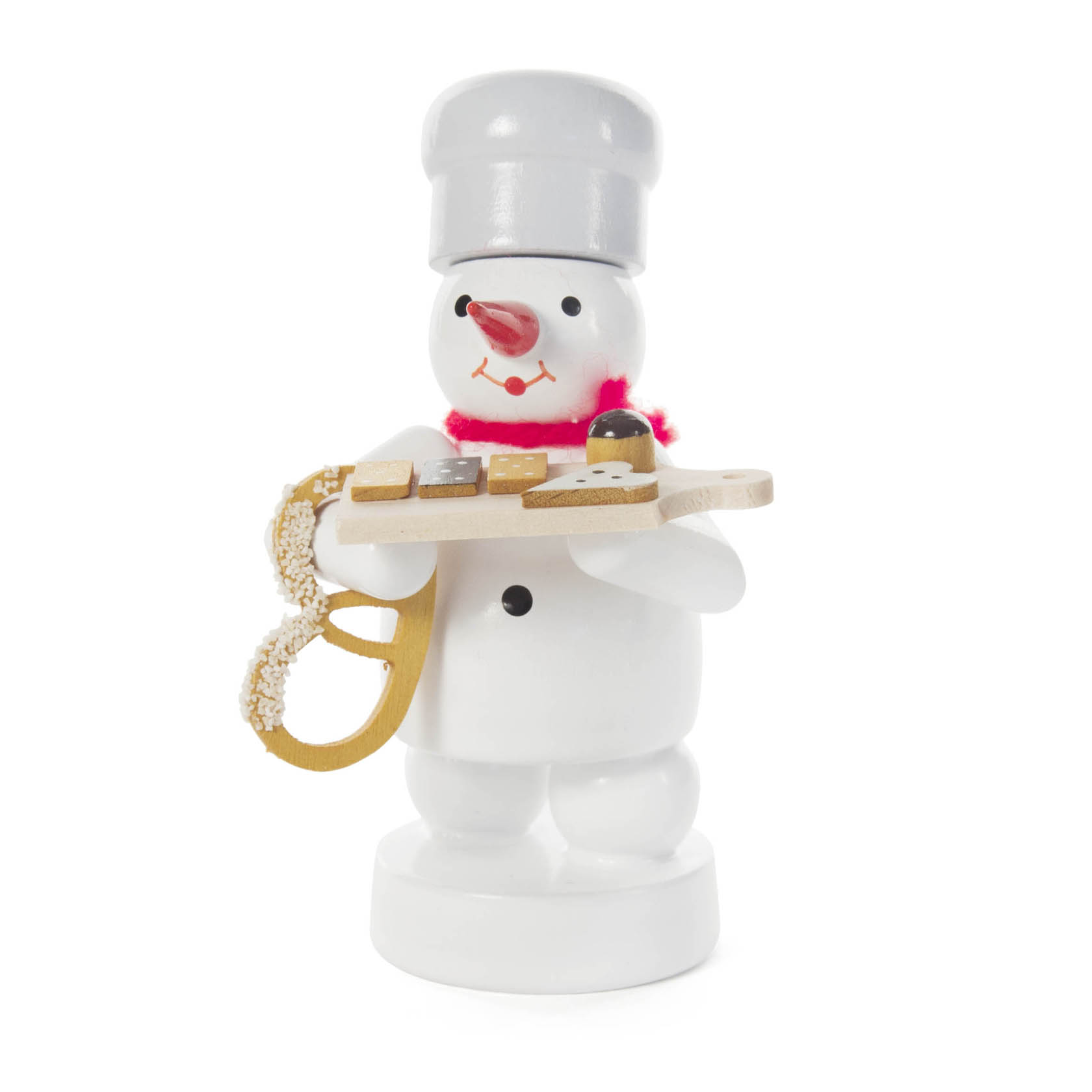 A wooden snowman figurine with a grey chef's hat, pink scarf, holding a tray with pastries and a pretzel. im Dregeno Online Shop günstig kaufen