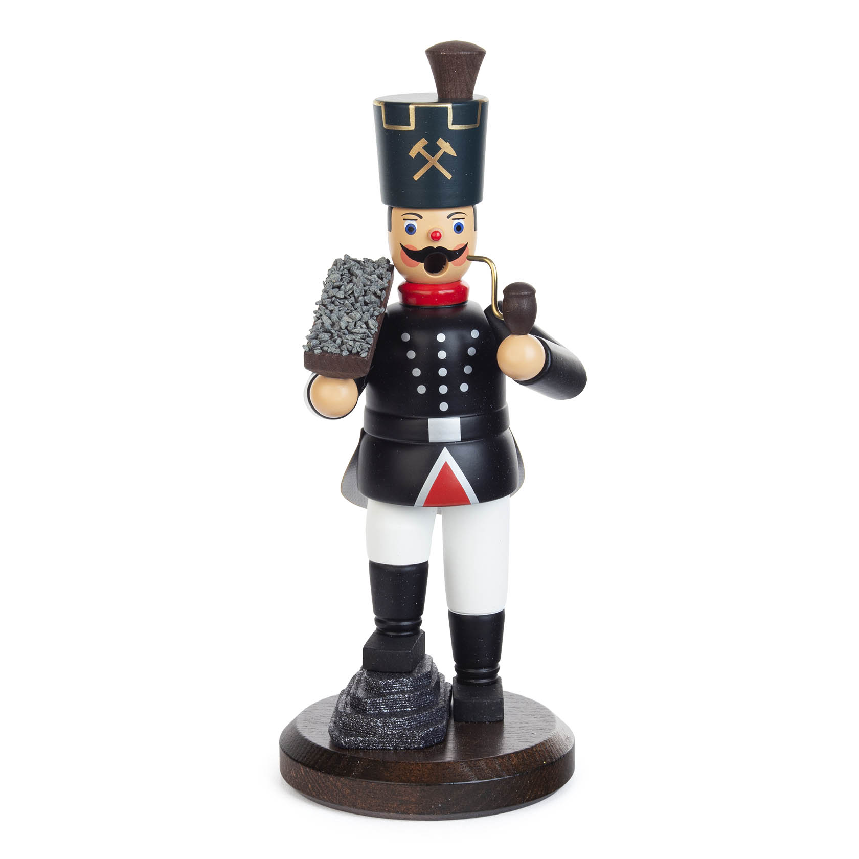 Traditioneller Räuchermann in Form eines Bergmanns. Er trägt eine Uniform mit schwarzem Hut und hält eine Erzschale und eine Pfeife in den Händen. im Dregeno Online Shop günstig kaufen