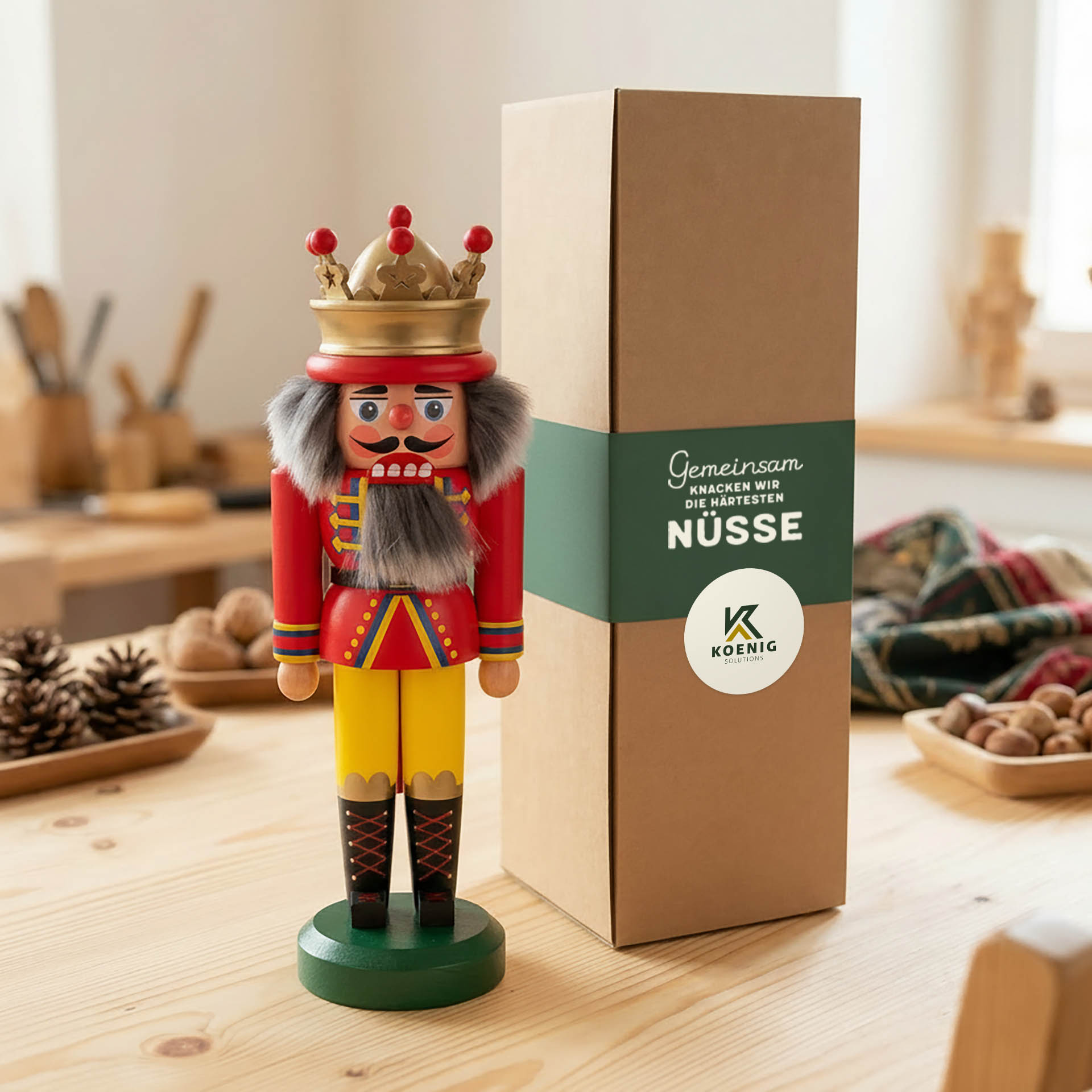 Ein erzgebirgischer Nussknacker mit bedruckter Banderole als hochwertiges Präsent für Geschäftspartner