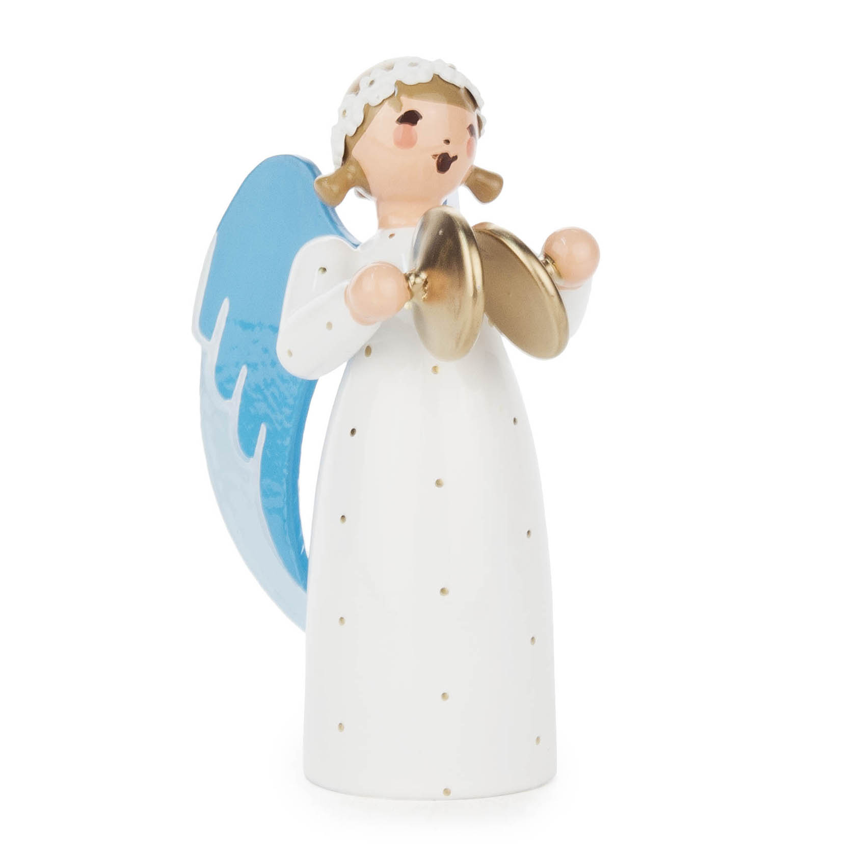 A standing angel figure with blue wings playing cymbals, dressed in a white gown with gold polka dots. im Dregeno Online Shop günstig kaufen