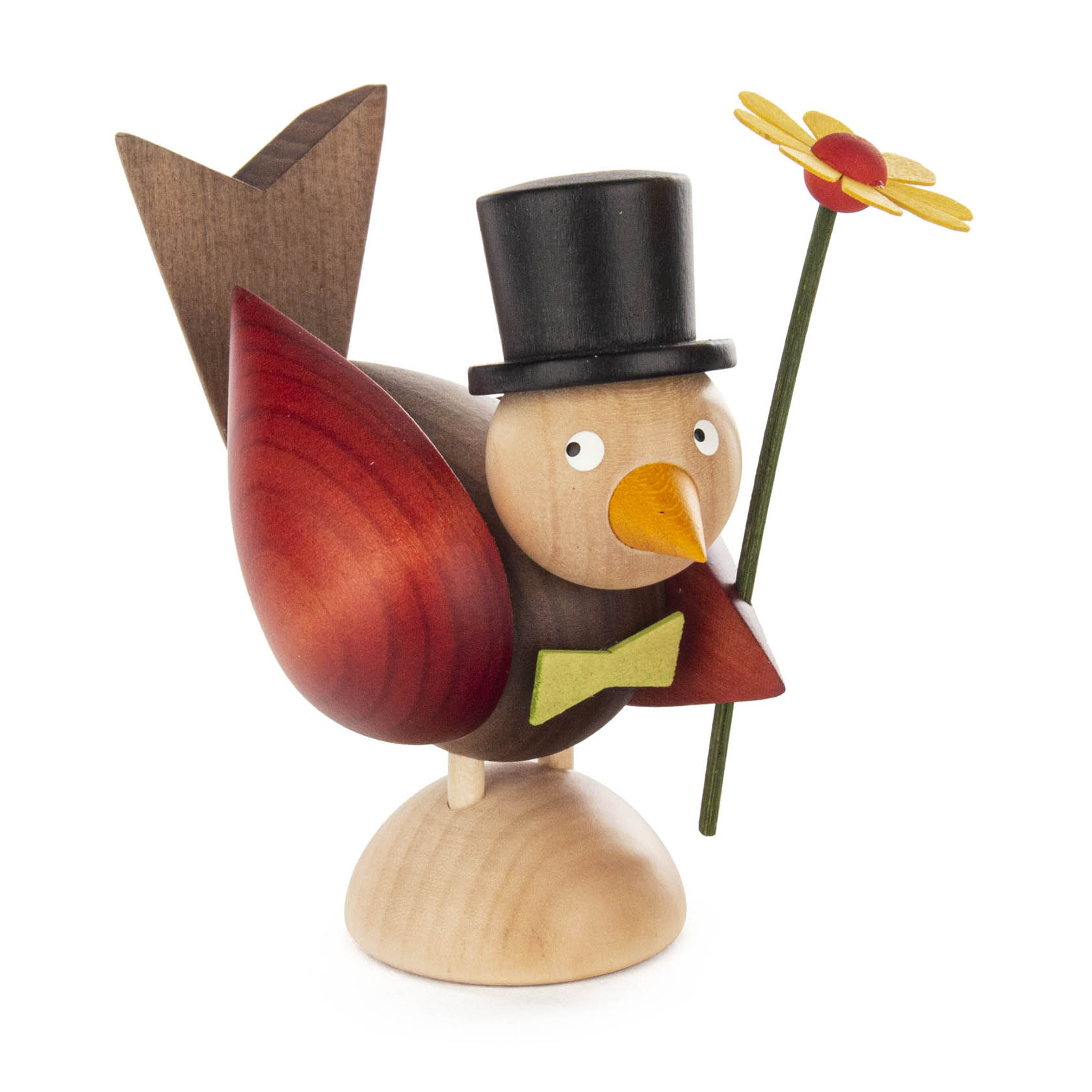A wooden carved bird figure wearing a black top hat and a green bow tie, holding a yellow and red flower in its beak. im Dregeno Online Shop günstig kaufen
