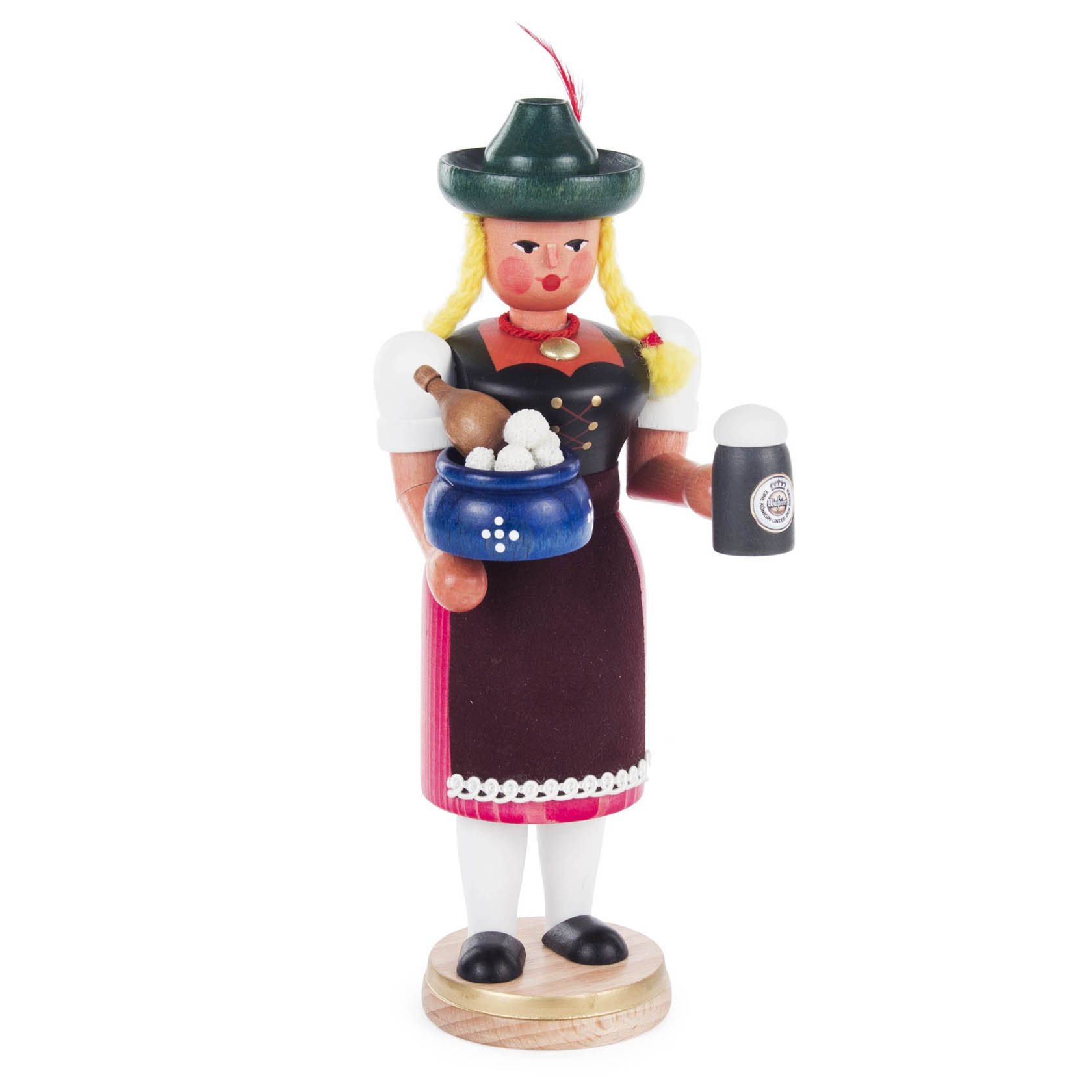 A wooden incense figure depicting a woman in traditional Bavarian attire with blonde braids, holding a blue pot with smoke coming out and a beer mug.