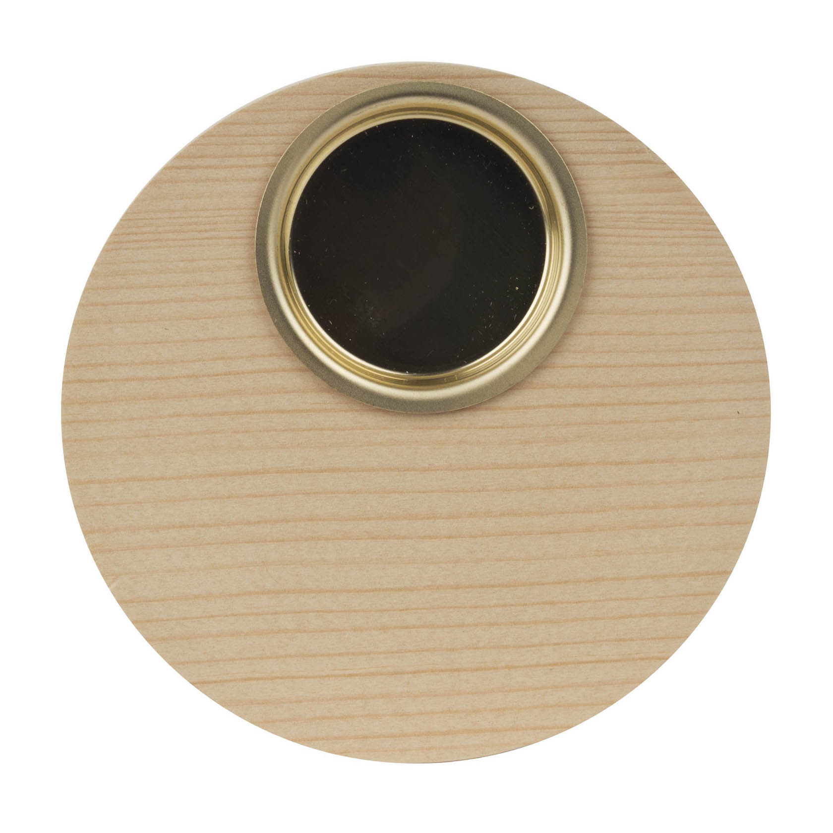 Round wooden base with a metal insert in the center for holding a tealight candle, 12cm in diameter.