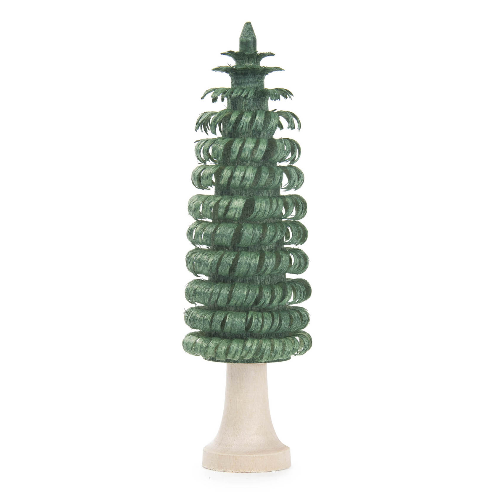 A 9cm green spiral-shaped wooden tree with a round base and visible trunk. im Dregeno Online Shop günstig kaufen