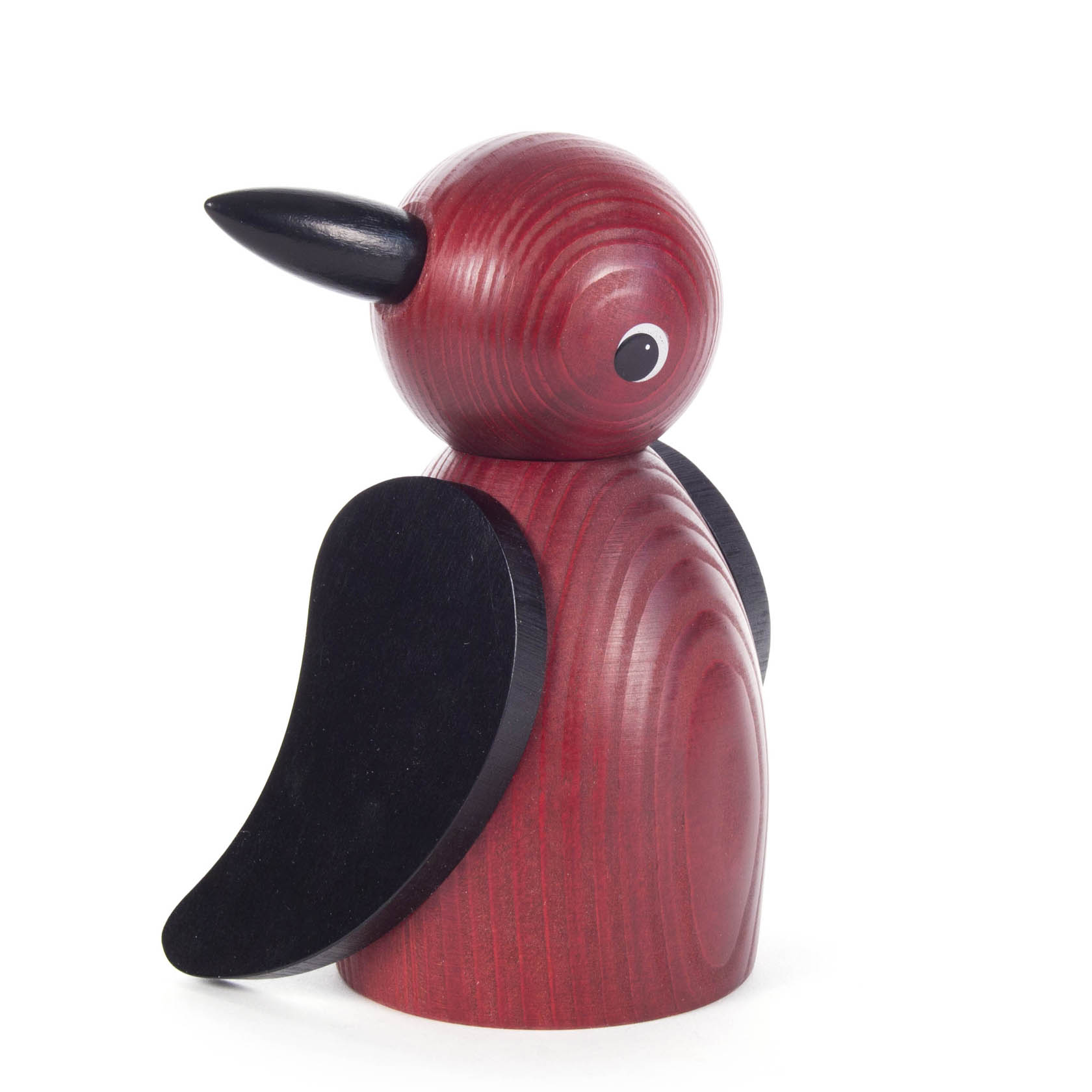 A wooden bird figure with a red body and black wings and beak, designed with a smooth surface and stylized, minimalistic features.