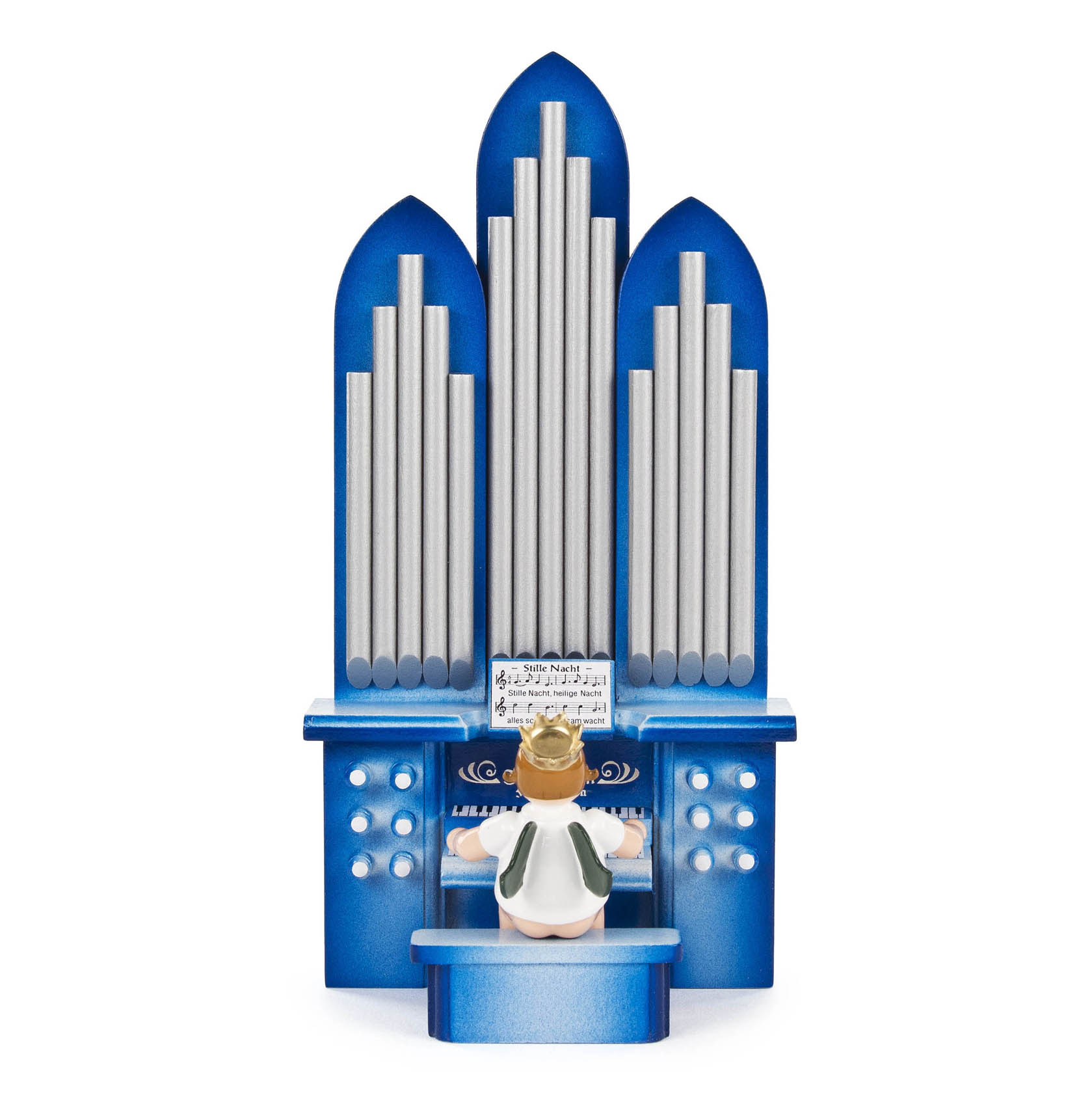 Engel an der Orgel sitzend, mit Krone