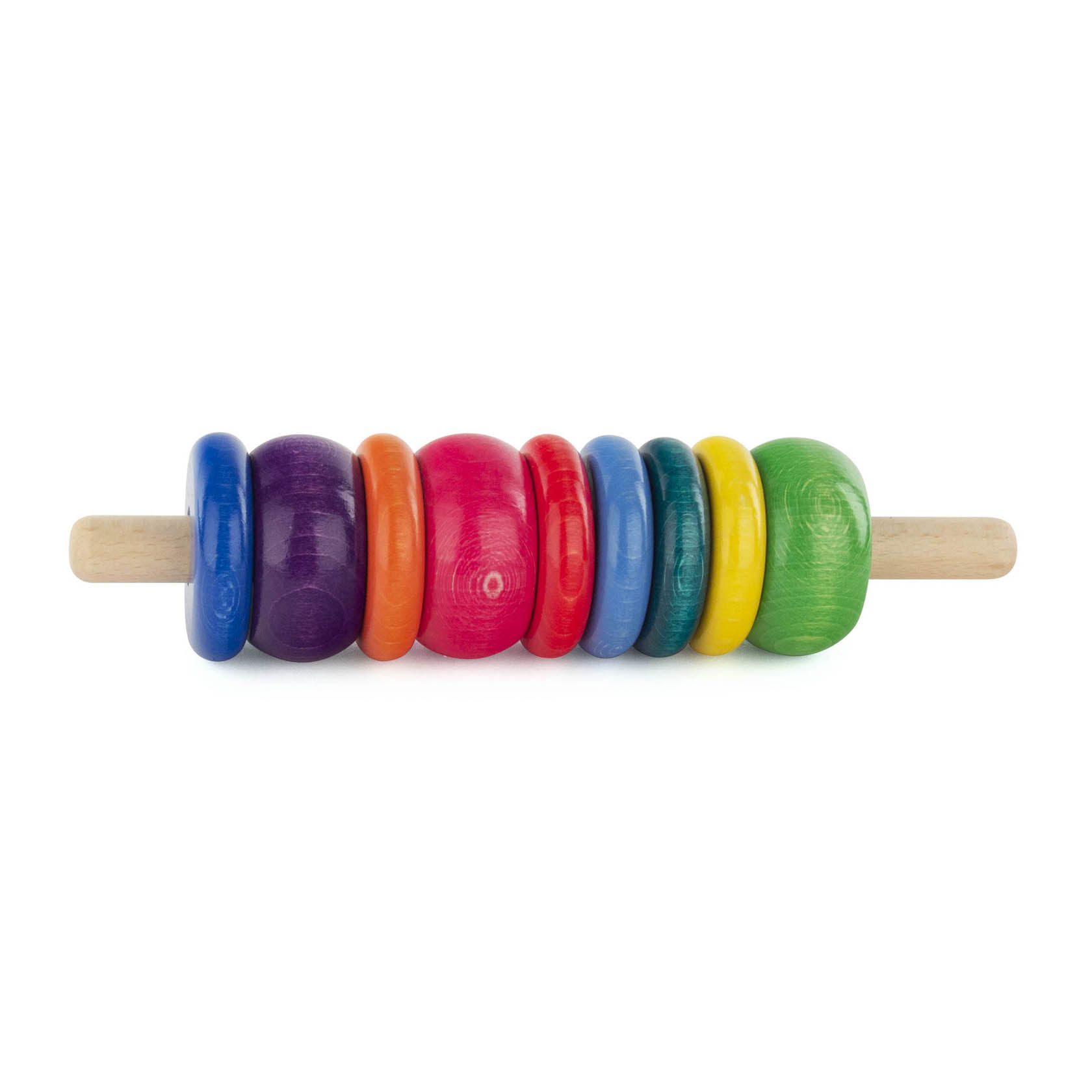 A wooden rod with eight vibrant, multicolored circular rings that can spin around it.