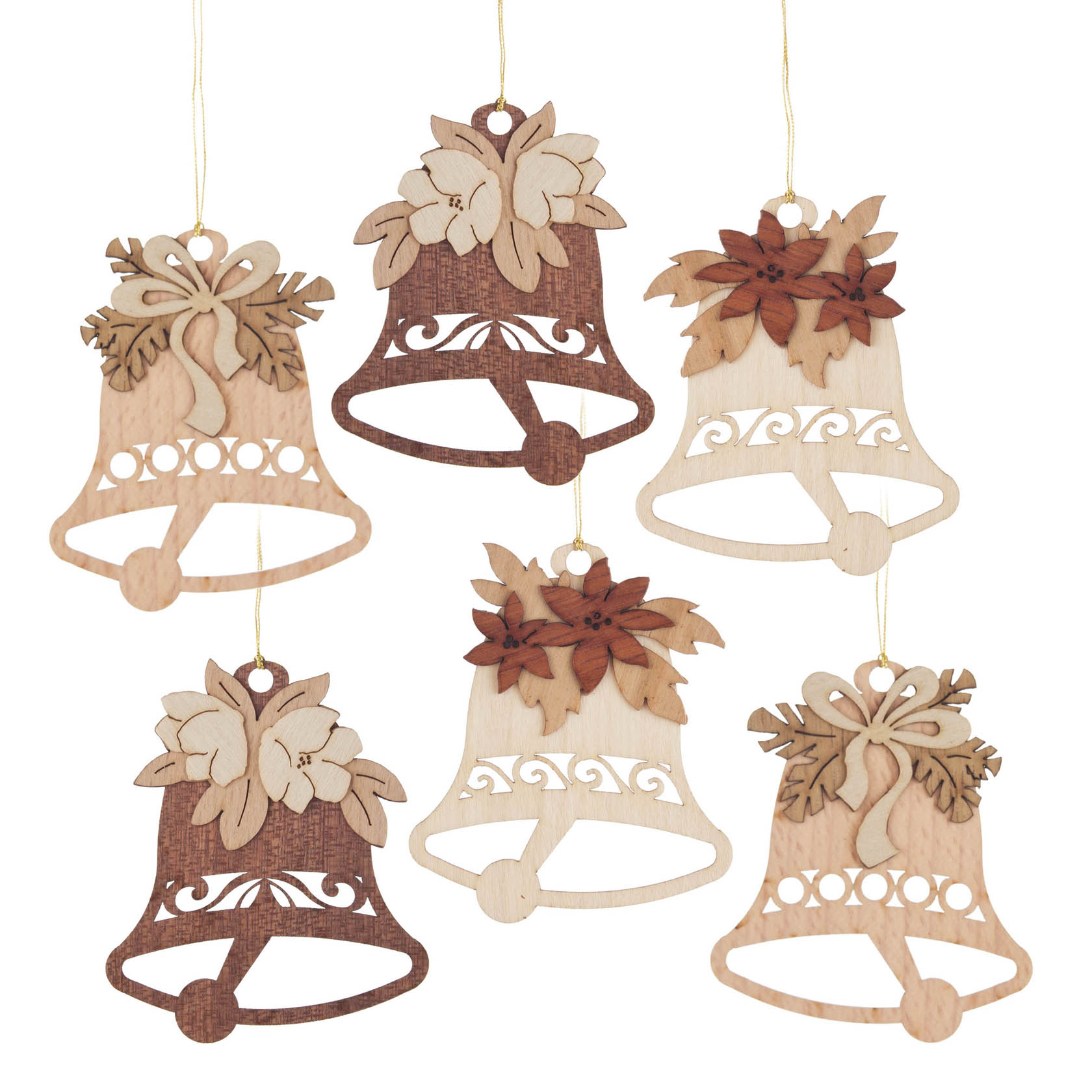 Sechs hölzerne Glocken-Ornamente mit dekorativen Blättern und Blumen daran hängend, mit unterschiedlich gestalteten Details. im Dregeno Online Shop günstig kaufen