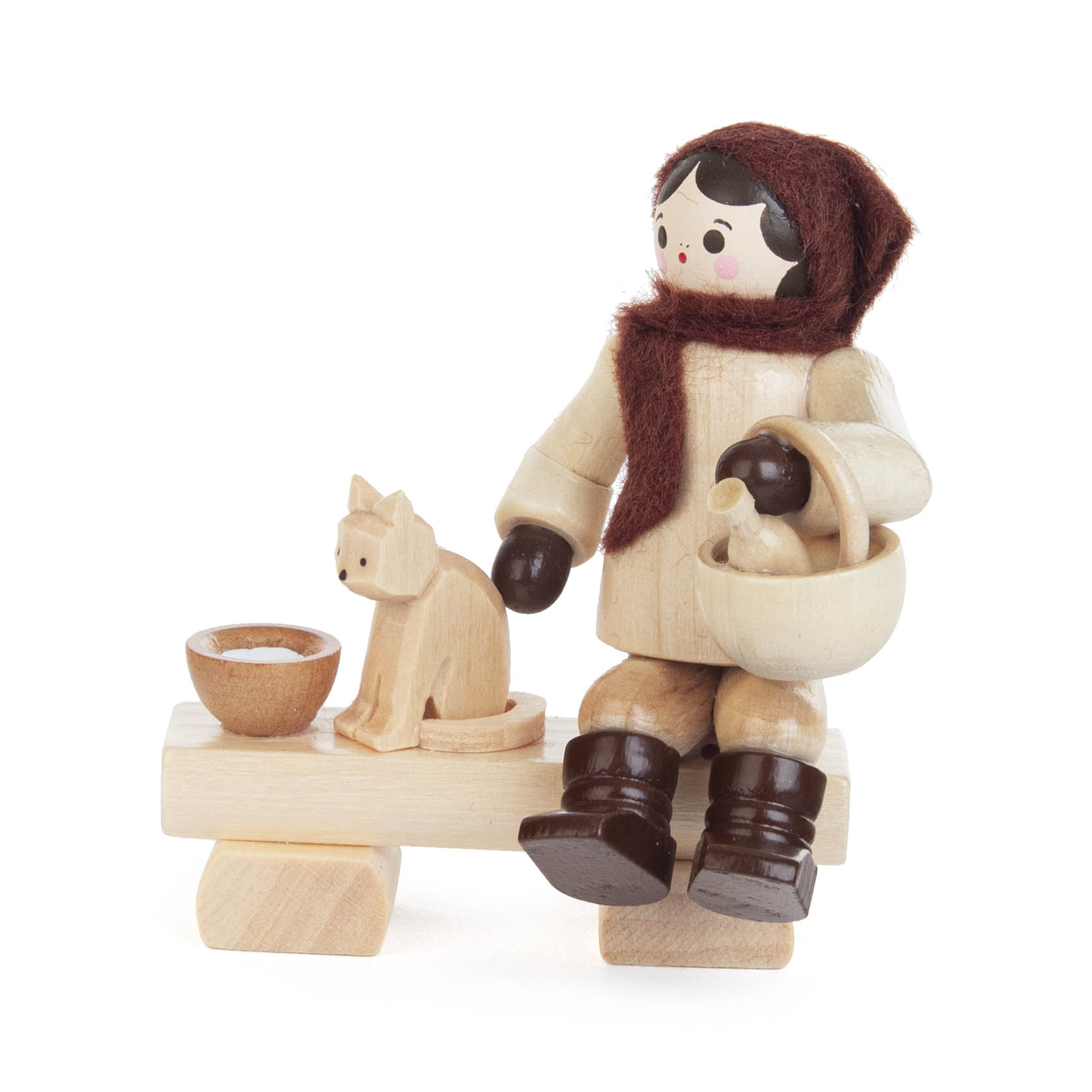 Wooden figure of a girl with a red scarf sitting on a bench, holding a jug, next to a wooden cat with a bowl in front of it. im Dregeno Online Shop günstig kaufen
