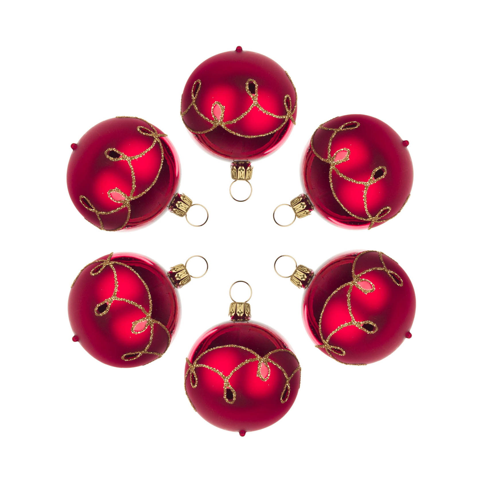 Six red-matte Christmas tree ornaments with a gold drop pattern, arranged in a circle.