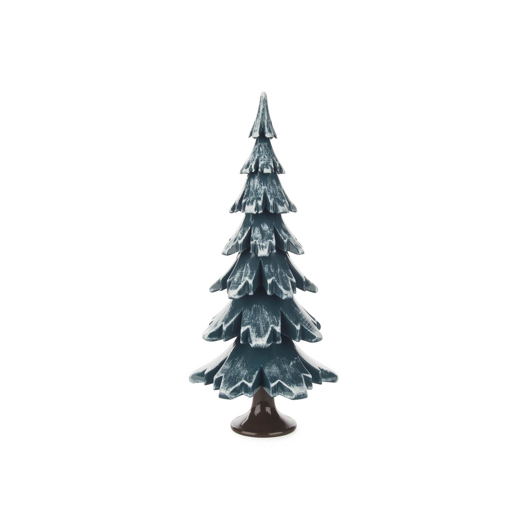 Dekorativer Holzbaum in Tannenbaumform, 19 cm hoch, grün mit weißer Schneebemalung, auf braunem Sockel. im Dregeno Online Shop günstig kaufen