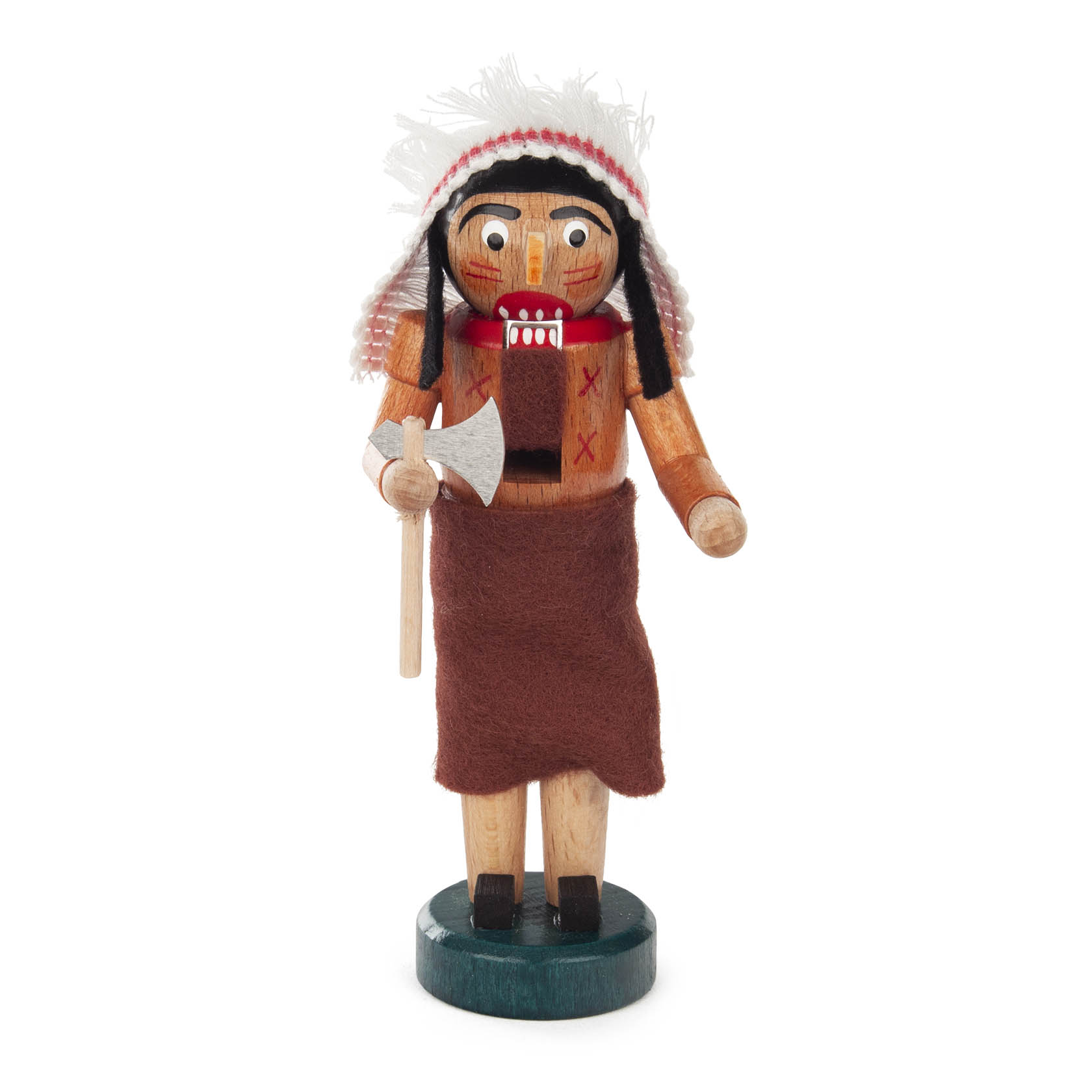 Miniature nutcracker designed as a Native American figure, wearing a feathered headdress and holding a small axe. im Dregeno Online Shop günstig kaufen