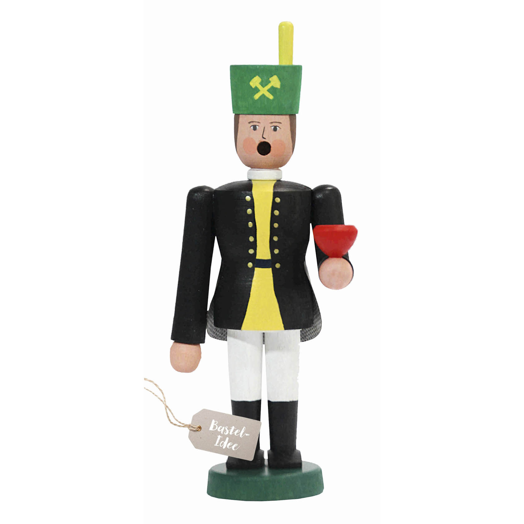 Holzfigur eines Bergmanns als Räuchermännchen, mit schwarzer Uniform, grünem Hut und gelbem Dekor, hält einen roten Gegenstand in der Hand. im Dregeno Online Shop günstig kaufen
