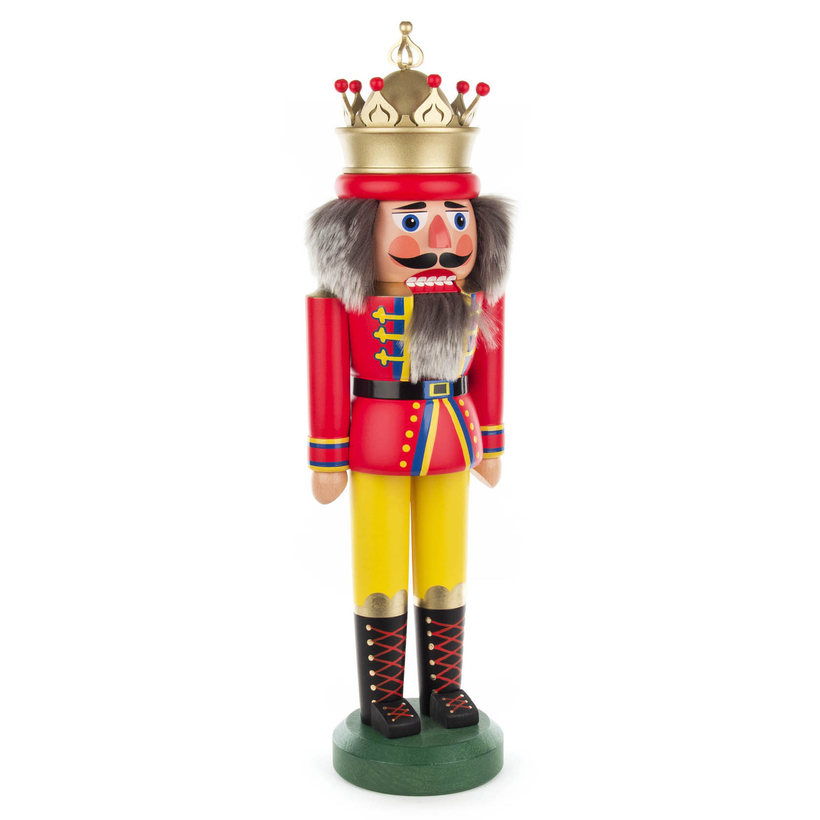 Red and matte Nutcracker King figure, 43cm tall, with a crown and fur-lined cloak.