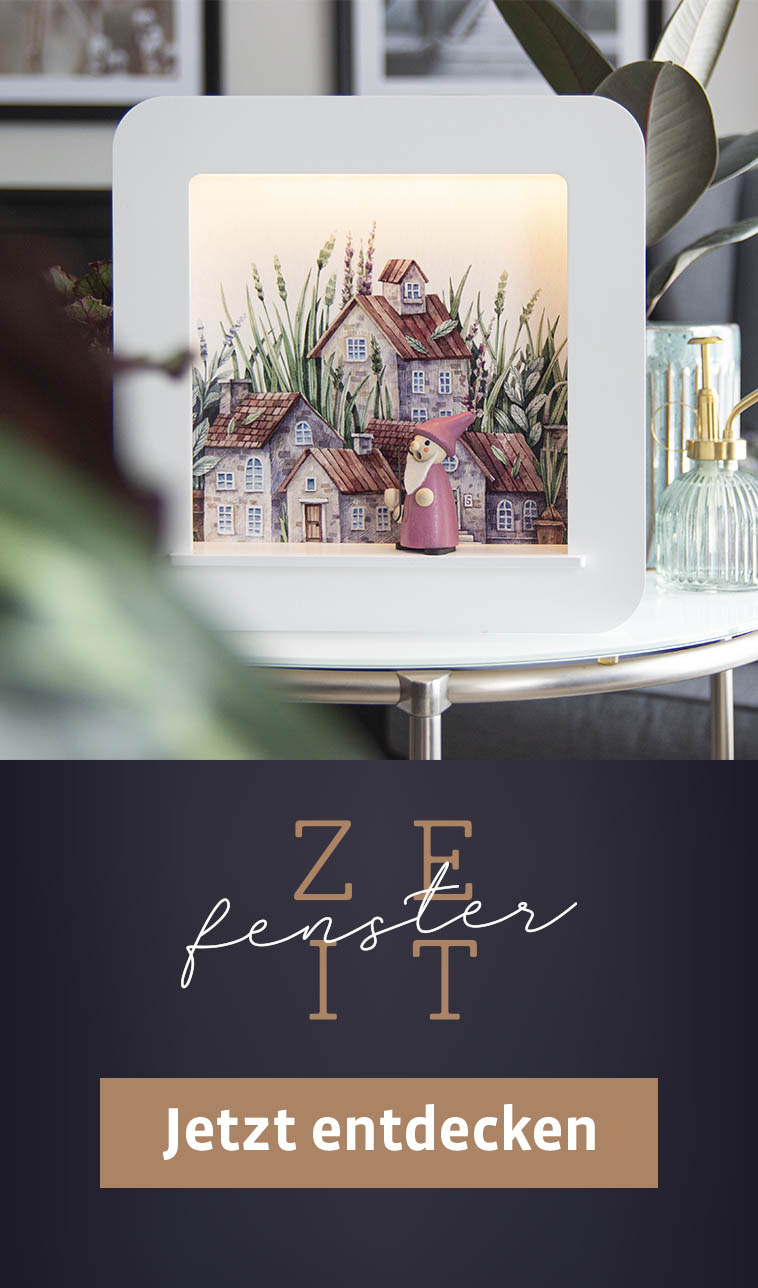 Deko-Rahmen "Zeitfenster" mit Mini-Räöuchermännchen Wichtel