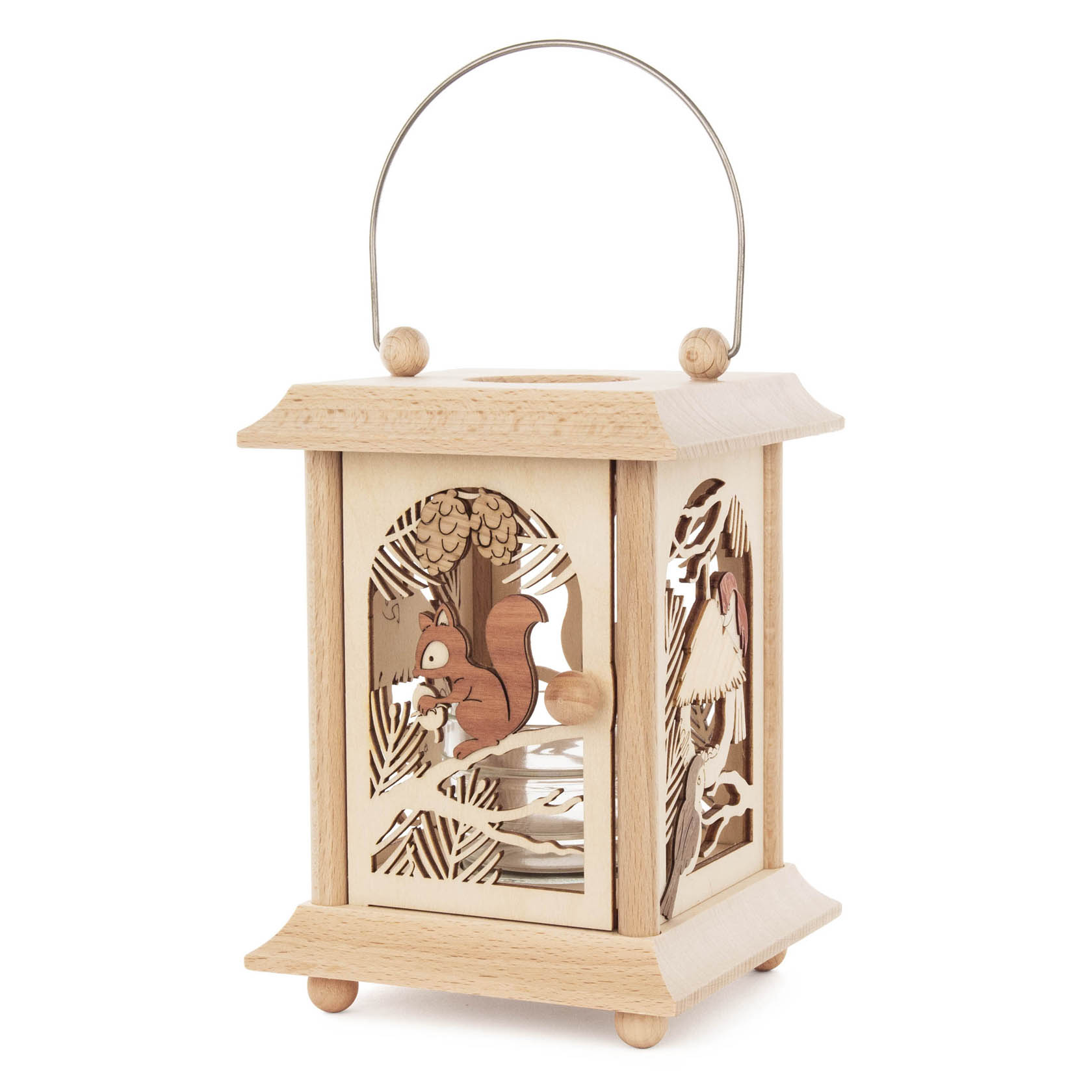 A wooden table lantern with cut-out designs of a squirrel and birds, suitable for holding tealights or votive candles.