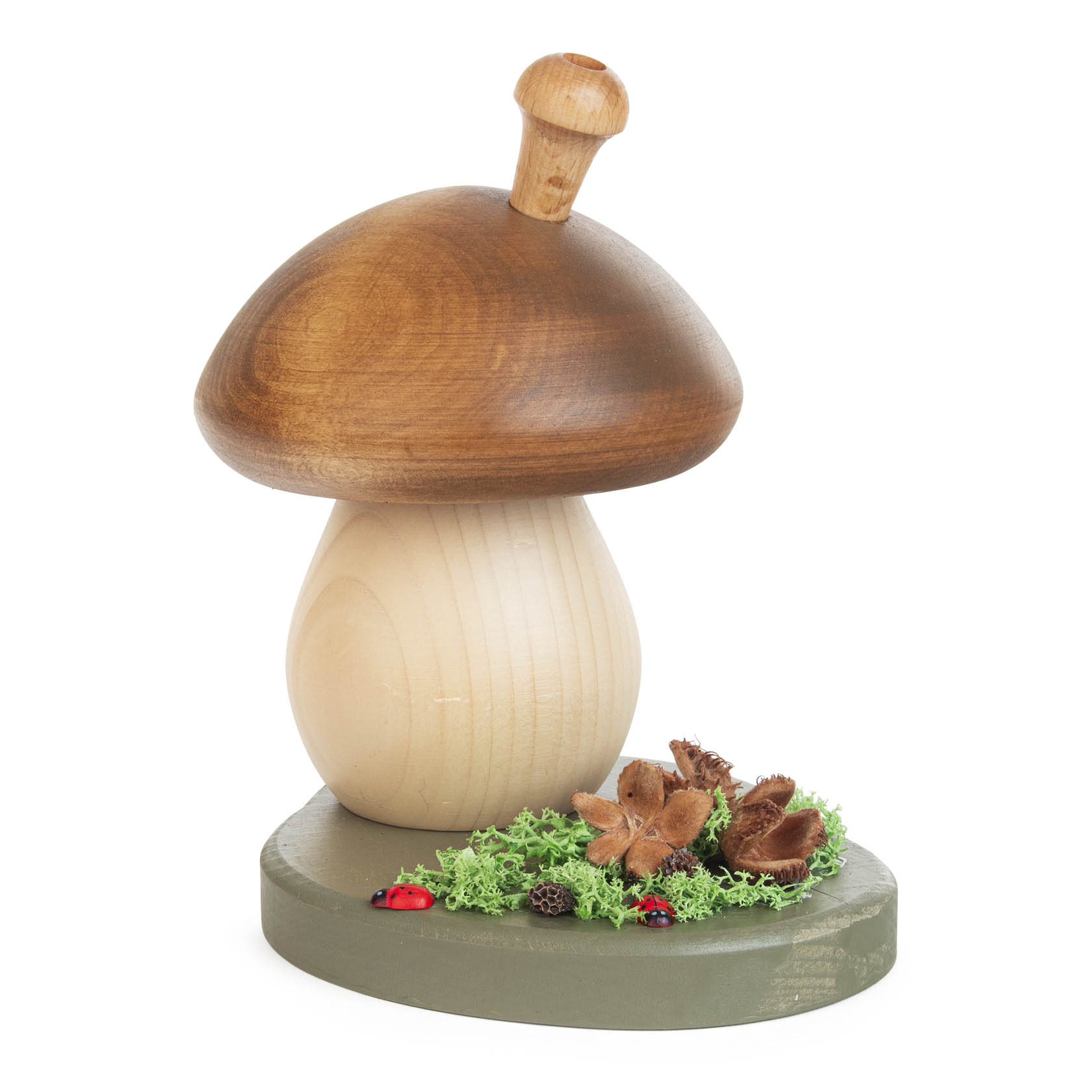 Wooden mushroom-shaped incense burner with a large brown cap on a base with decorative moss and ladybugs.