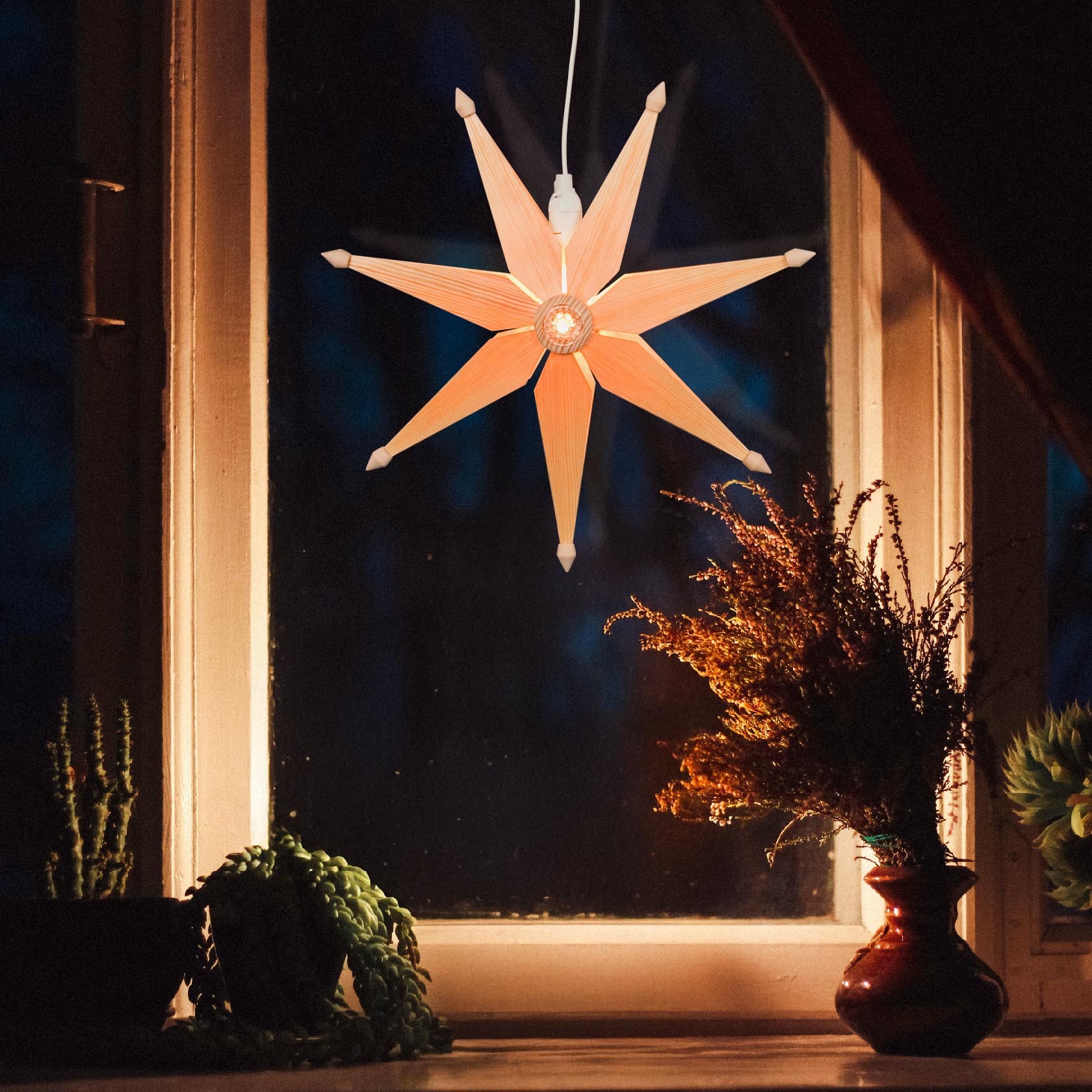 Beleuchteter, naturfarbener Weihnachtsstern mit elektrischer Beleuchtung, der an einem Fenster hängt. Daneben einige Pflanzen in Töpfen.