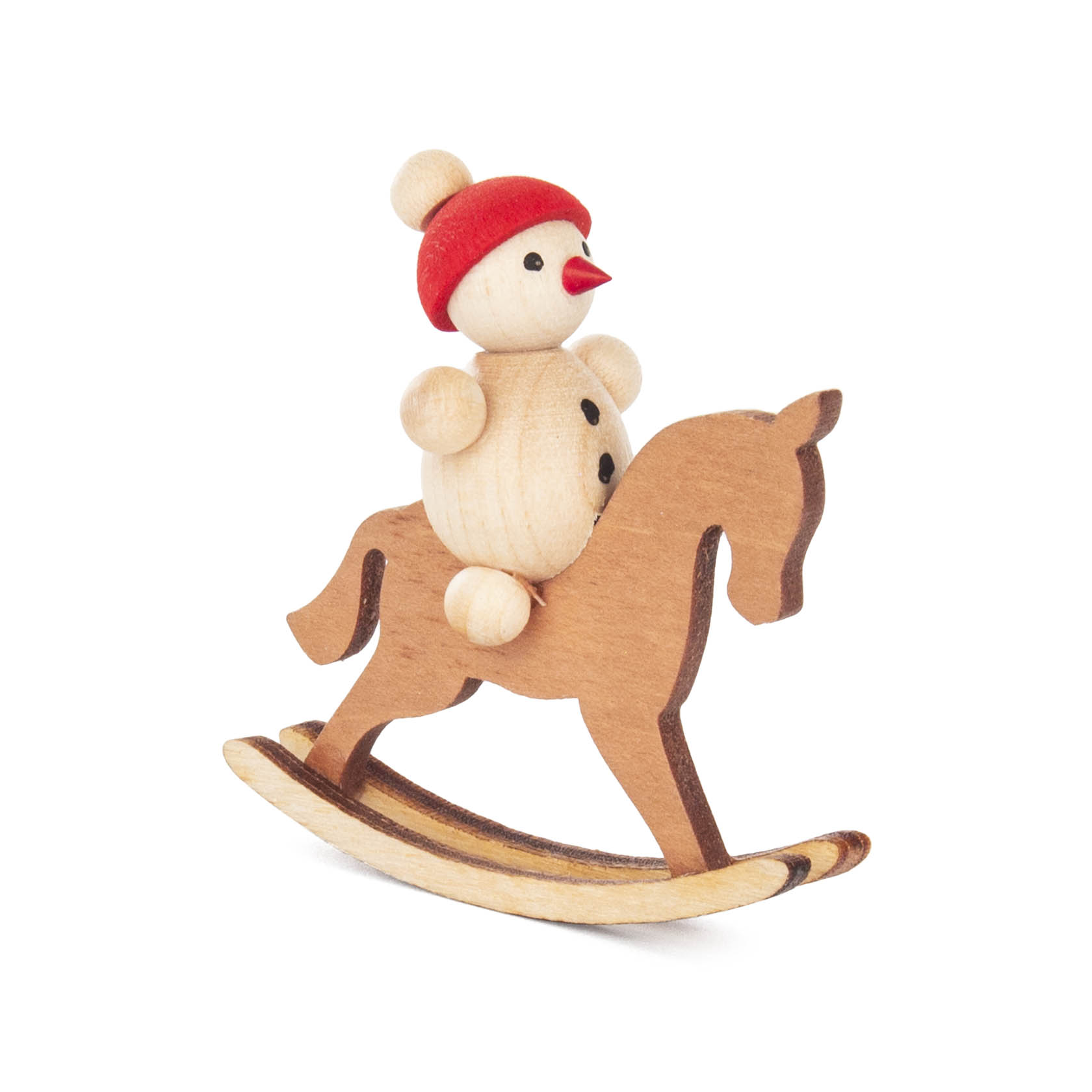 A small wooden snowman with a red hat sitting on a wooden rocking horse. im Dregeno Online Shop günstig kaufen