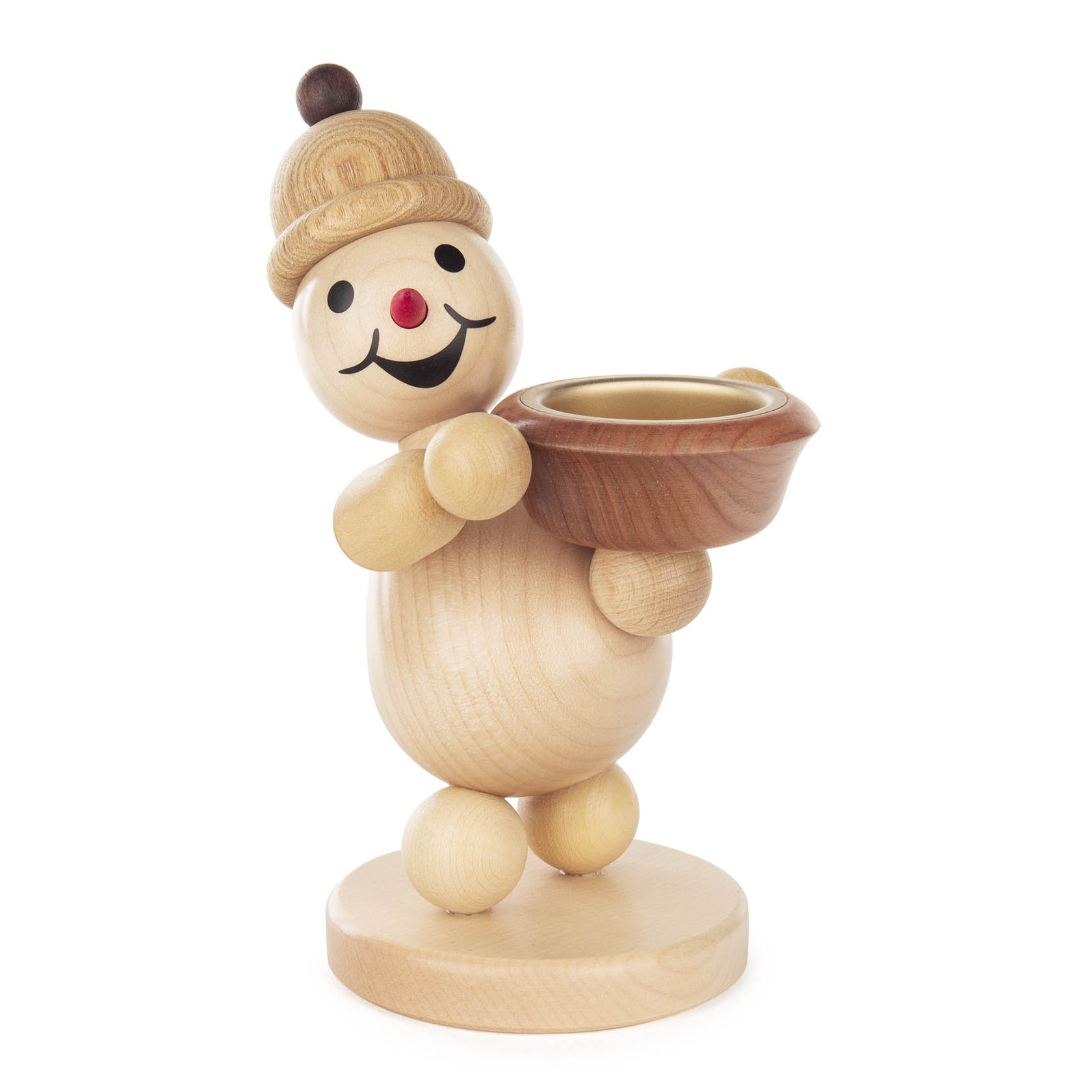 Holzschneemannfigur mit gestrickter Mütze hält einen Teelichthalter in der rechten Hand und lächelt freundlich. im Dregeno Online Shop günstig kaufen
