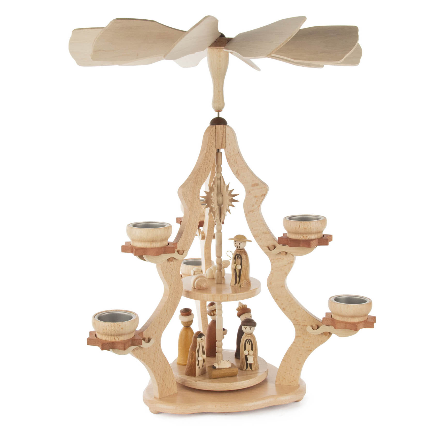 Two-tiered wooden pyramid with nativity scene, designed for tealights. Features five hand-carved figurines depicting the birth of Christ, with a rotating propeller.
