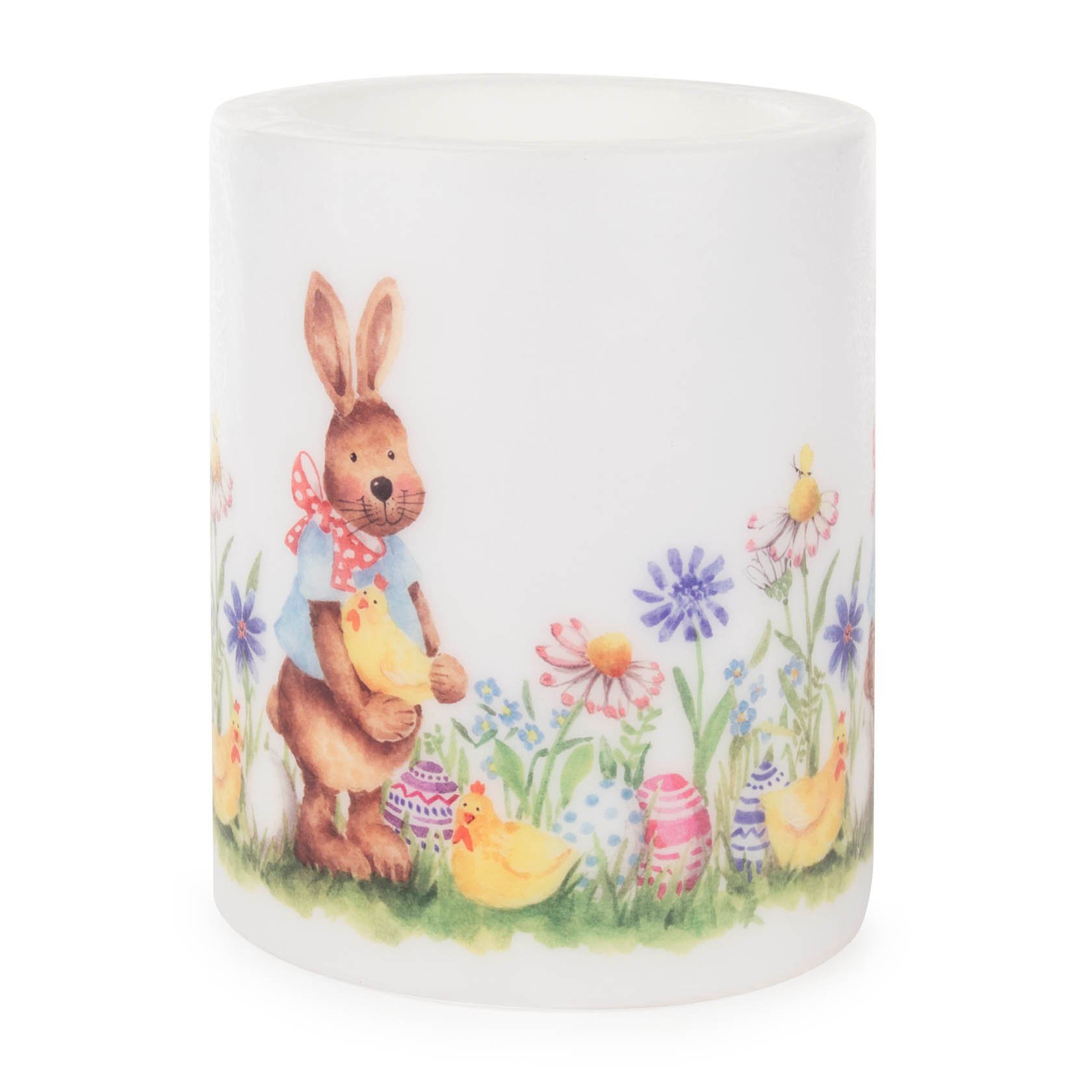 Decorative candle featuring a bunny with a red bow tie, holding a chick, surrounded by colorful flowers and Easter eggs. im Dregeno Online Shop günstig kaufen