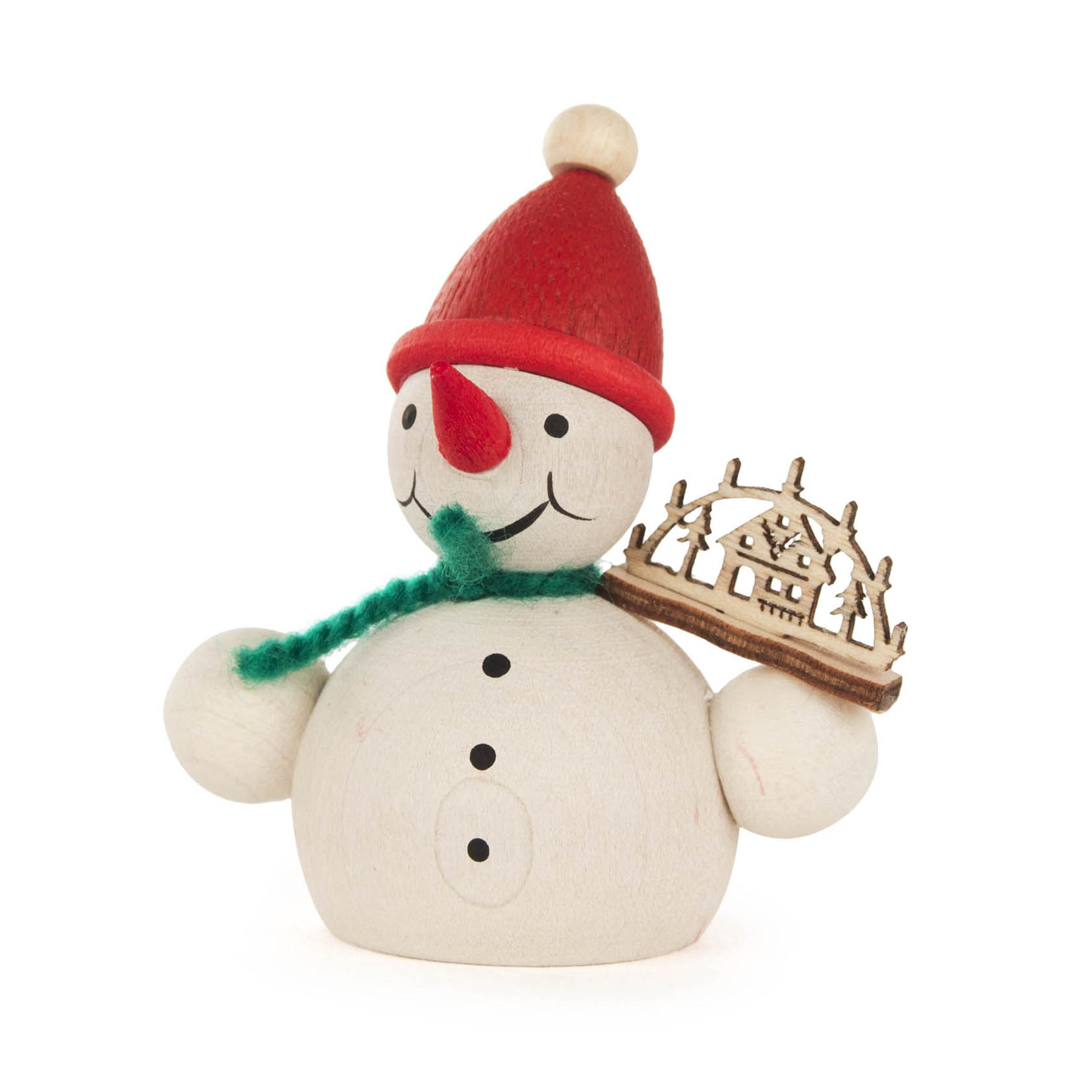 Holzschneemann mit roter Mütze und grünem Schal, hält einen kleinen Lichterbogen mit Hausmotiv in der rechten Hand. im Dregeno Online Shop günstig kaufen