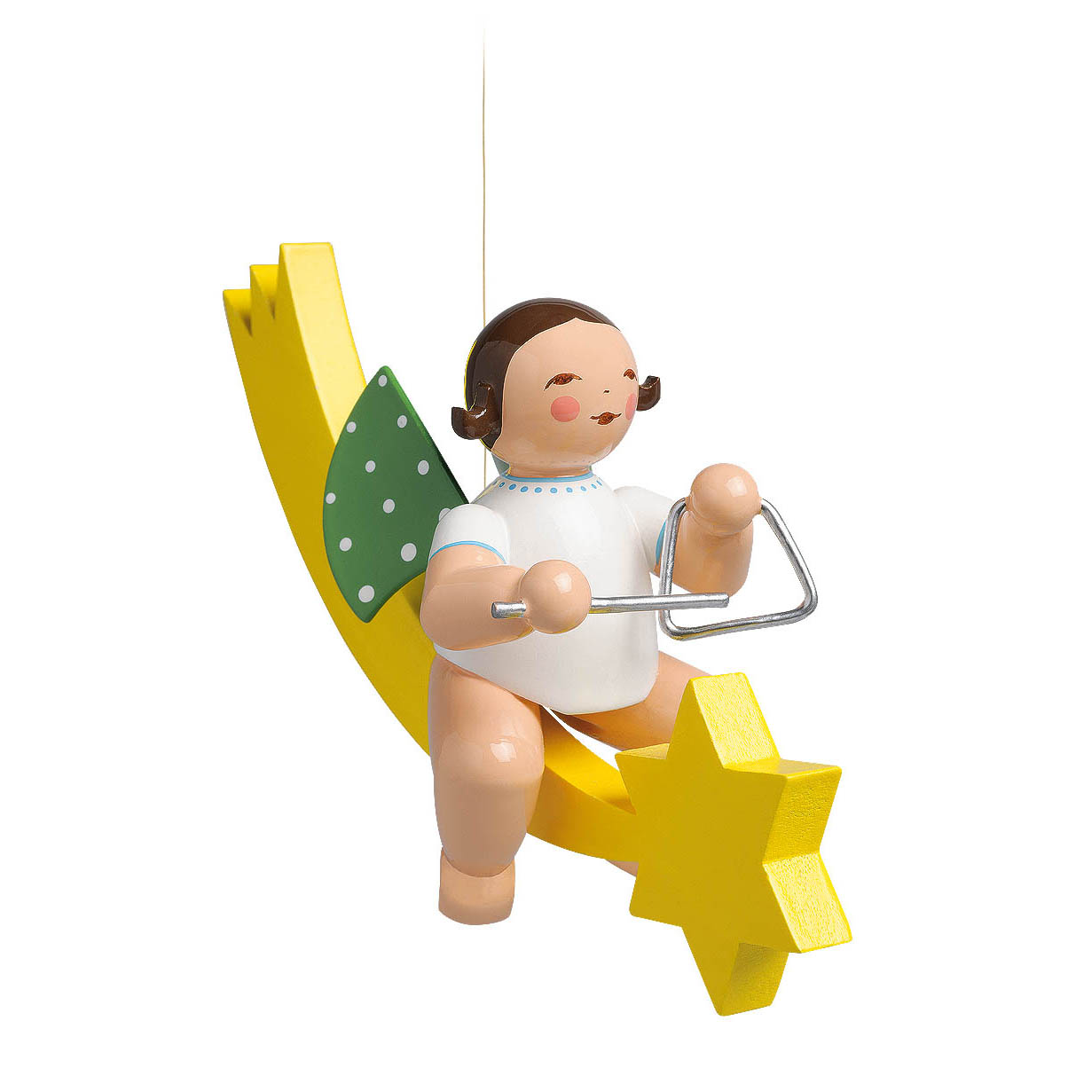A wooden angel figurine with green polka-dotted wings, sitting on a yellow crescent with a star, holding a triangle instrument. im Dregeno Online Shop günstig kaufen