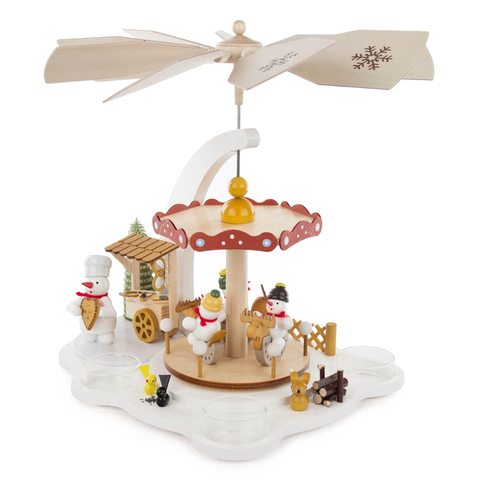 A wooden carousel pyramid with snowmen figures, designed for tealights, featuring a rotating fan on top, snowmen holding cookies and a Christmas theme.