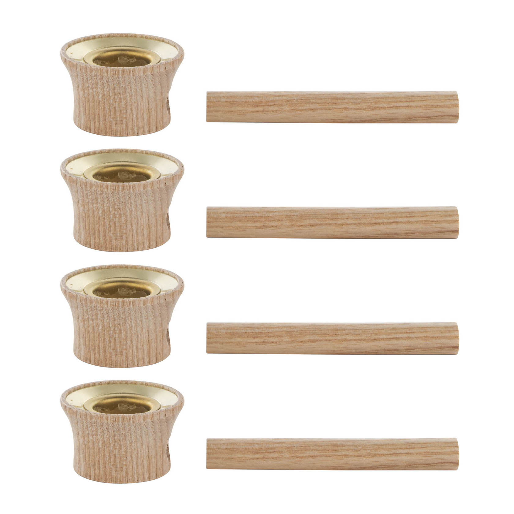 Four brass ferrules with wooden exteriors and matching wooden dowels, arranged in parallel columns. im Dregeno Online Shop günstig kaufen