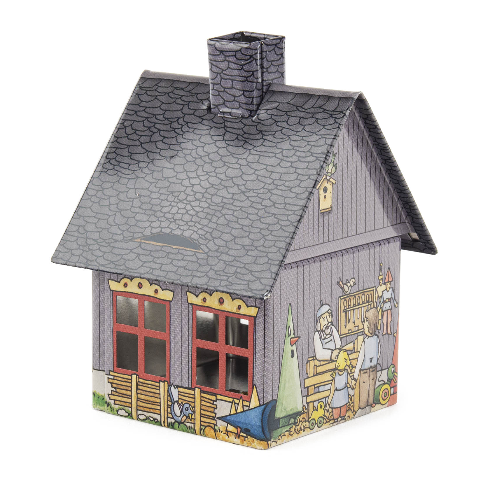 Metall-Räucherhaus mit Schornstein, dunkelgrauem schindelartigen Dach und bemalten Szenen von Spielzeugmachern an den Wänden.