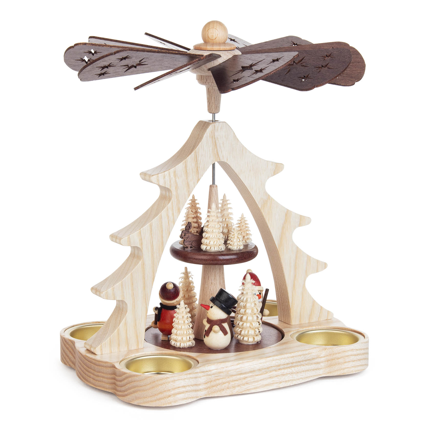 Holz-Pyramide mit einem Weihnachtsmann und einem Schneemann in der Mitte, umgeben von kleinen Tannenbäumen. Oben befinden sich Flügel, die sich drehen können.