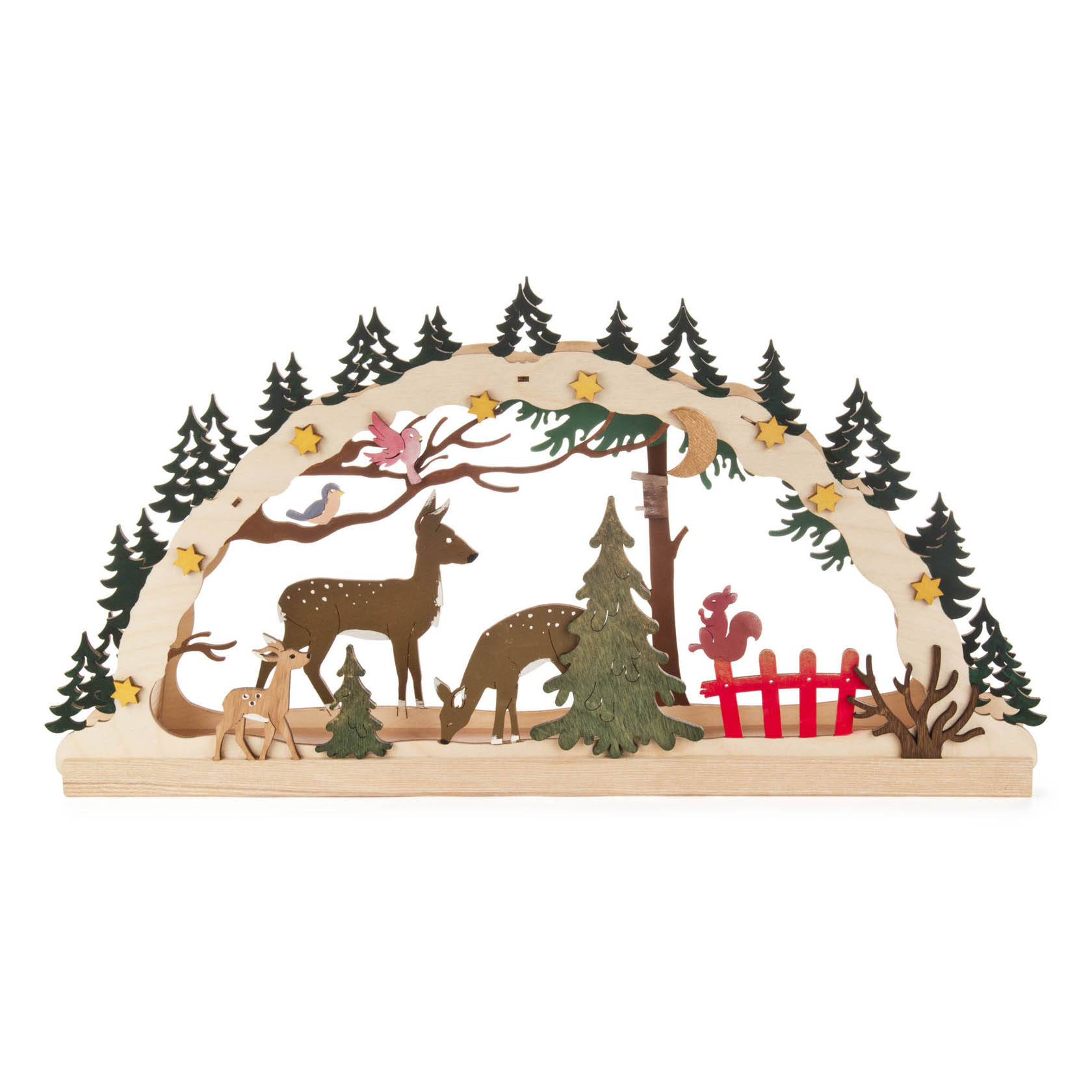 Wooden Arch Craft Set featuring an LED light strip. It depicts a forest scene with deer, trees, a squirrel, stars, and a bird under a crescent moon.