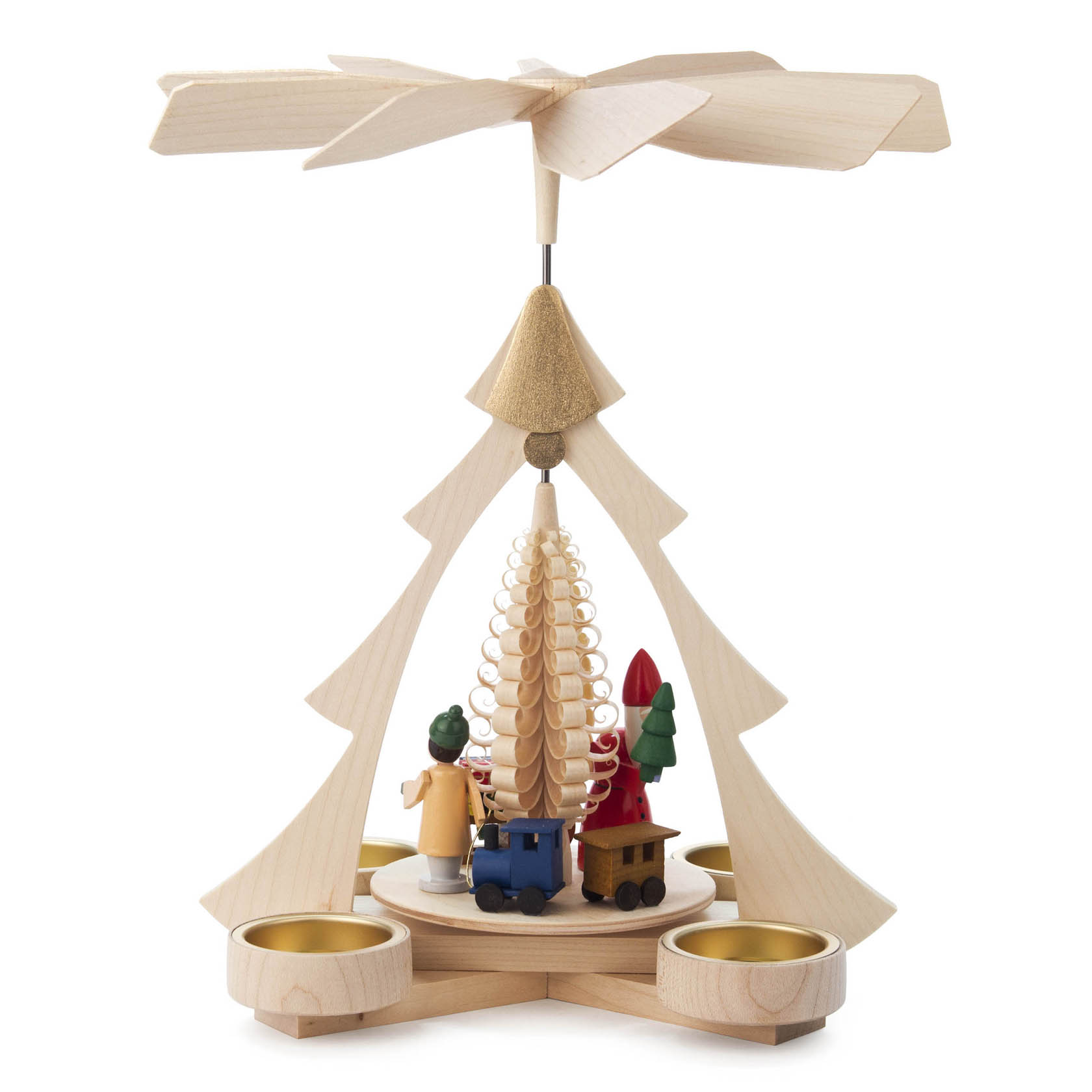 A wooden Christmas pyramid with candle holders featuring a festive scene including a tree, presents, and small figures on a rotating platform.