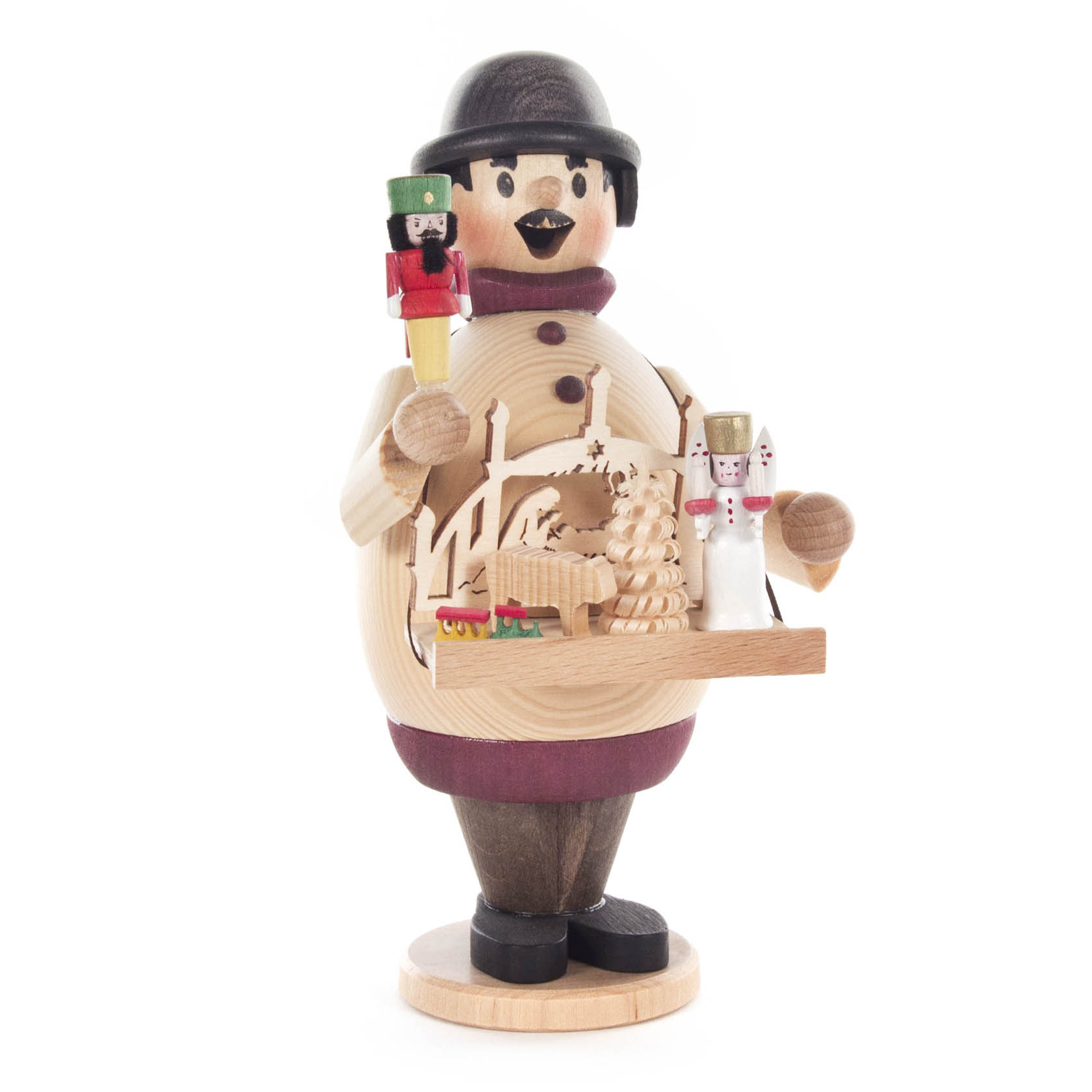Ein traditioneller Räuchermann in Form eines Weihnachtsmarkthändlers. Er trägt eine Melone und hält ein Tablett mit kleinen Holzspielzeugen in den Händen. im Dregeno Online Shop günstig kaufen