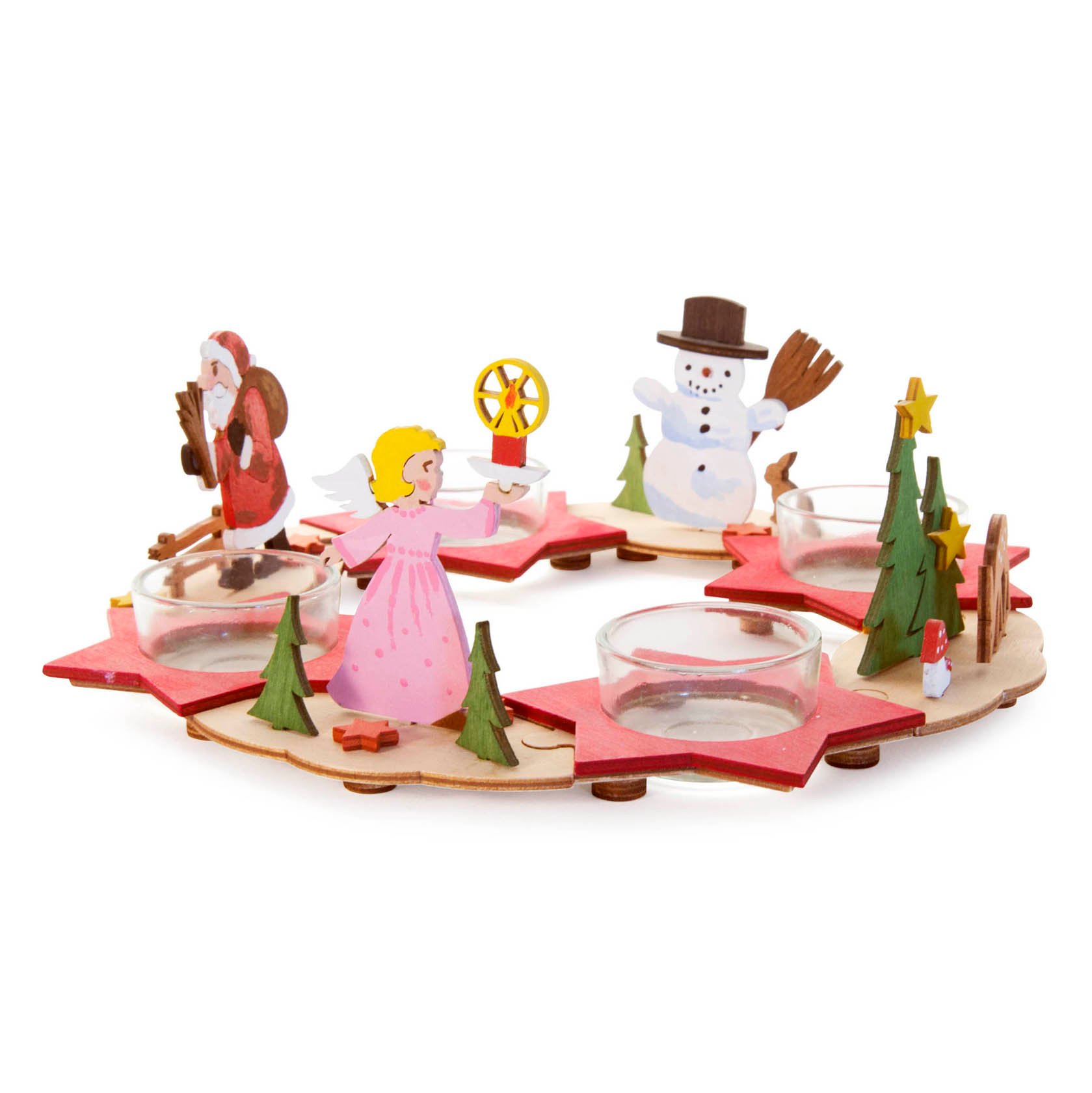 Adventskranz-Bastelset mit Engel, Weihnachtsmann, Schneemann und Bäumen auf Holzplatte. Vier Glashalterungen sind für Kerzen vorgesehen. im Dregeno Online Shop günstig kaufen