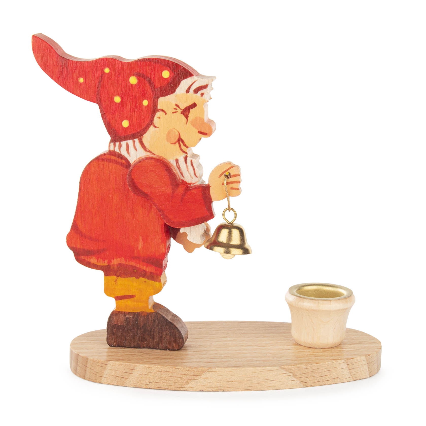 Holzfigürlicher Zwerg in roter Kleidung hält ein Glöckchen neben einem Kerzenhalter für 14mm Kerzen. im Dregeno Online Shop günstig kaufen