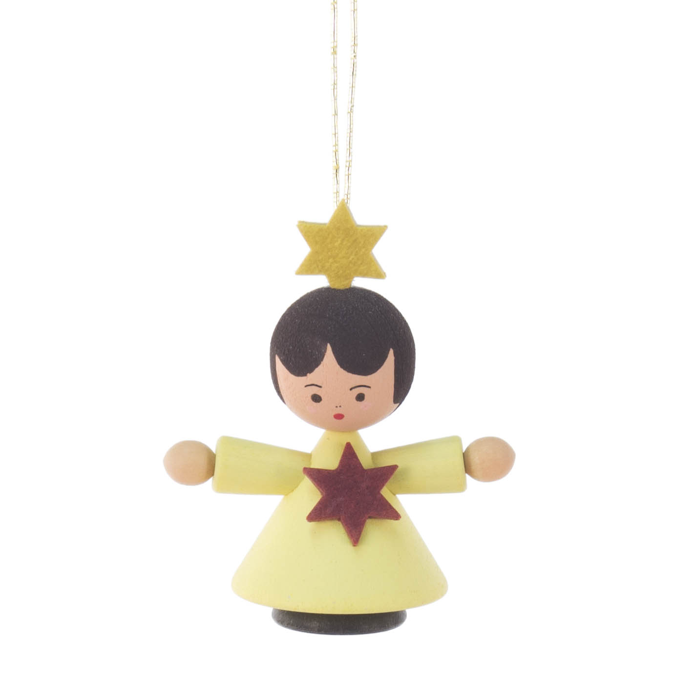Holzanhänger einer kindlichen Figur mit gelbem Stern auf dem Kopf, roten Stern auf der Brust und gelbem Kleid. Die Arme sind ausgestreckt. im Dregeno Online Shop günstig kaufen