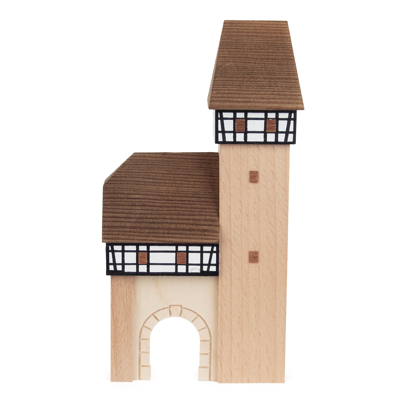 Holzmodell eines Stadttors mit Fachwerkhaus und integriertem Turm; braunes Dach und schwarz-weiße Fachwerkdetails. im Dregeno Online Shop günstig kaufen