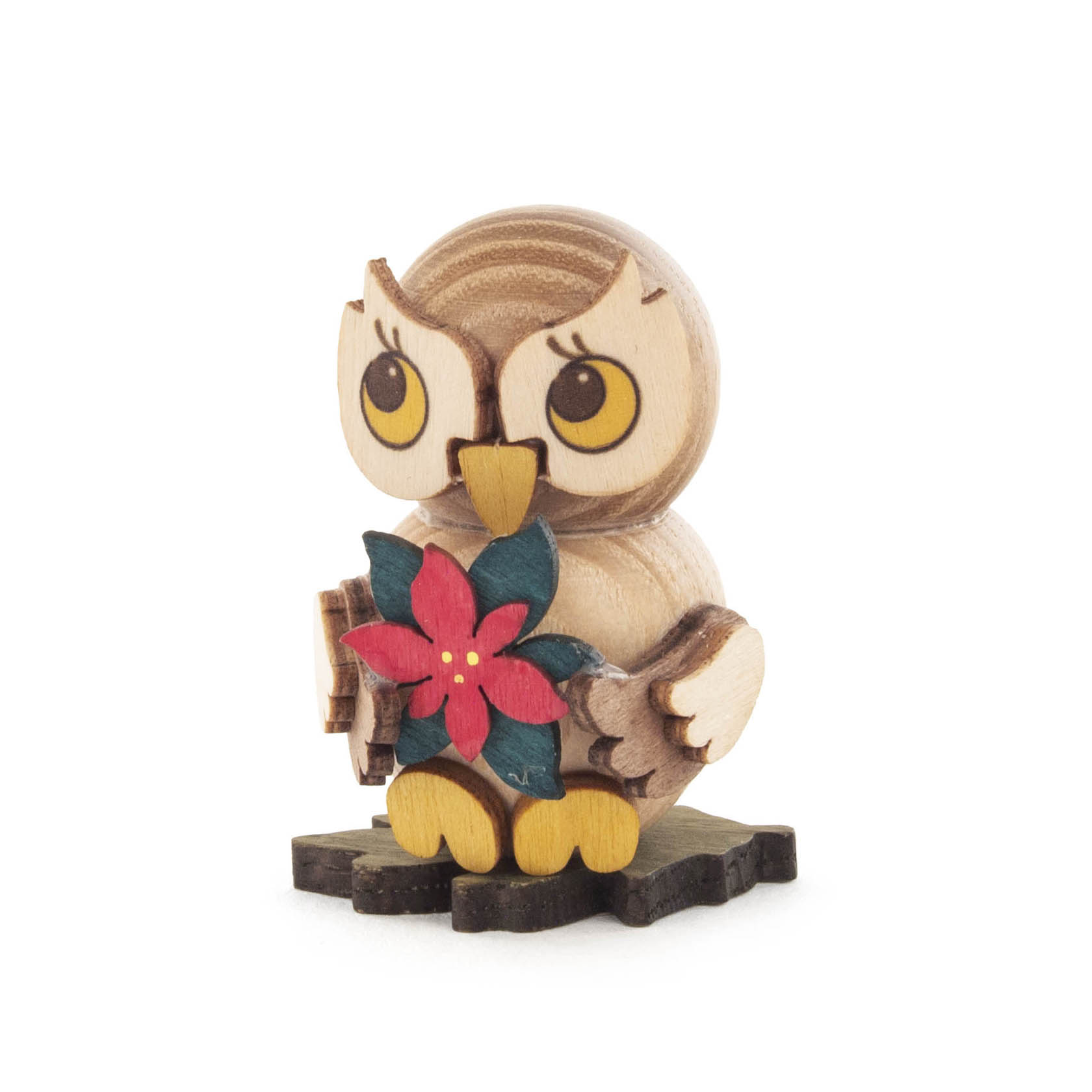 Holzfigur einer Eule, die einen roten Weihnachtsstern hält. im Dregeno Online Shop günstig kaufen