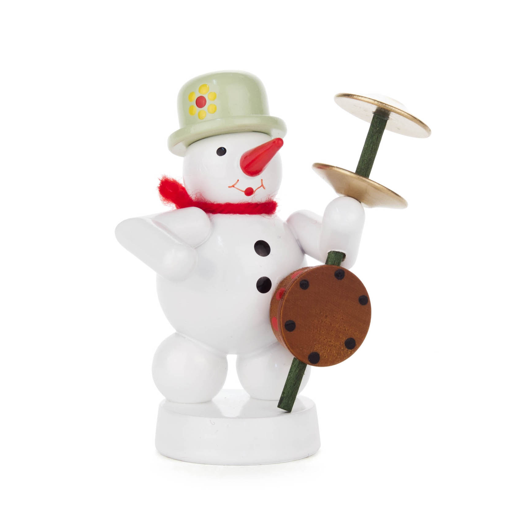 Holzfigur eines Schneemanns mit grünem Hut und rotem Schal, spielt eine Stampfgeige mit grüner Stange und runden Blasbälgen. im Dregeno Online Shop günstig kaufen
