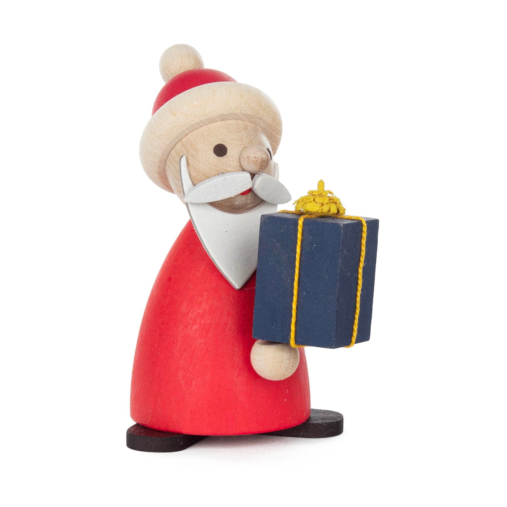 Wooden figurine of Santa Claus holding a blue gift with a yellow bow, wearing a red robe and hat. im Dregeno Online Shop günstig kaufen