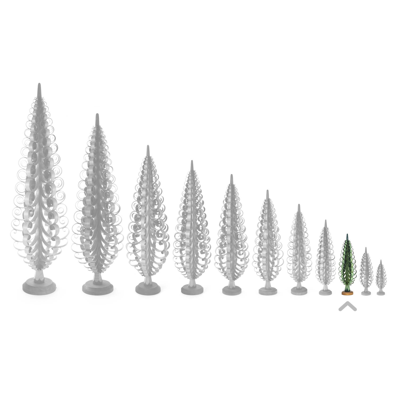 A green spruce tree model measuring 20cm, standing next to a smaller brown tree among a series of progressively taller silver spruce tree models.