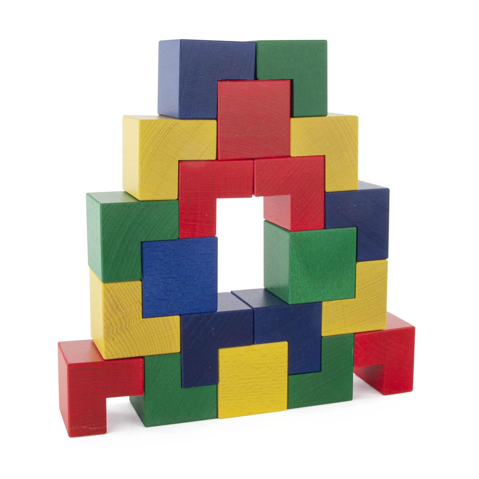 A colorful arch made of rectangular building blocks in red, blue, yellow, and green, arranged with a square opening in the center.