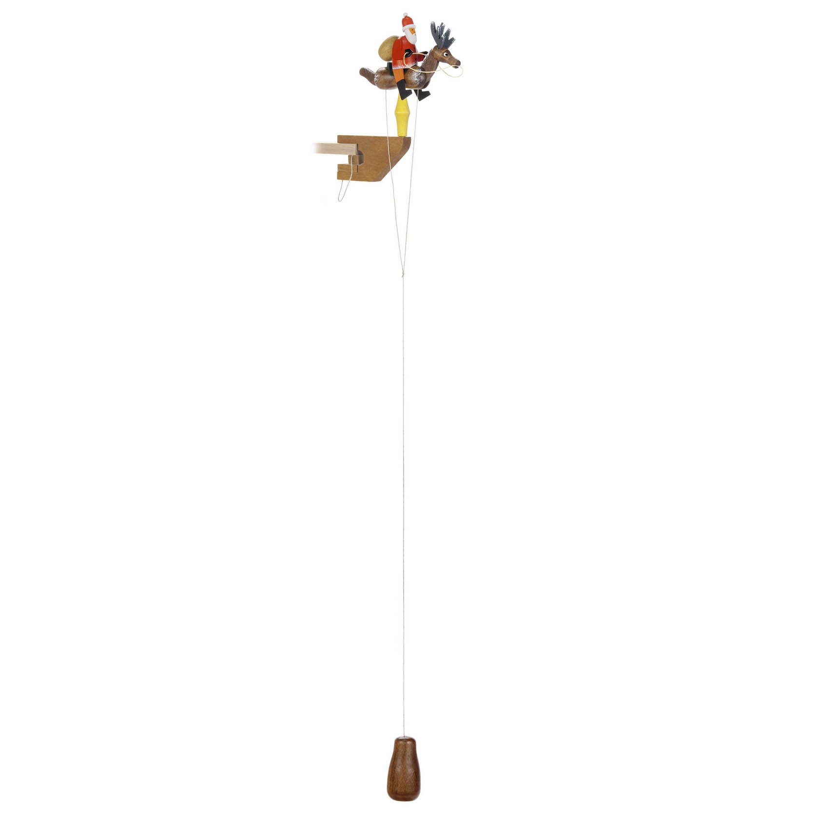 A pendulum rider Santa Claus figurine riding a reindeer, suspended by a string with a wooden handle at the bottom. im Dregeno Online Shop günstig kaufen