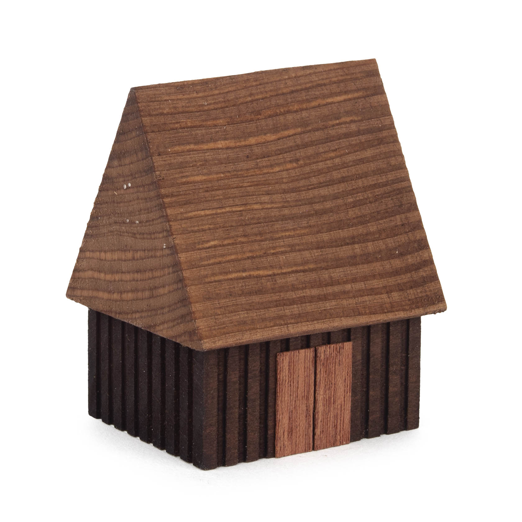 A small wooden barn with a steeply pitched roof and vertical wooden planks covering the sides. The front has a simple wooden double door. im Dregeno Online Shop günstig kaufen