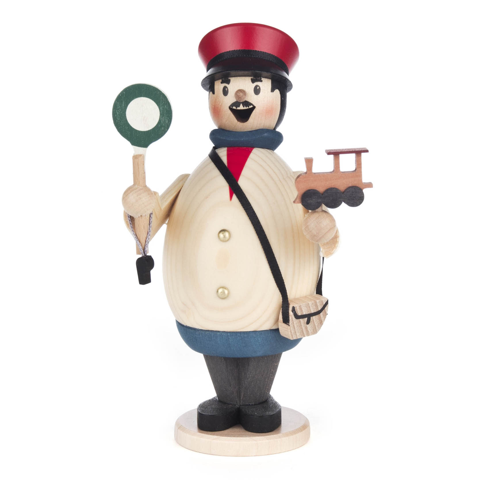 Holzfigur eines lächelnden Schaffners mit rotem Hut, der eine grüne Kelle in der linken Hand hält und ein kleines Spielzeugzugmodell in der rechten Hand. im Dregeno Online Shop günstig kaufen